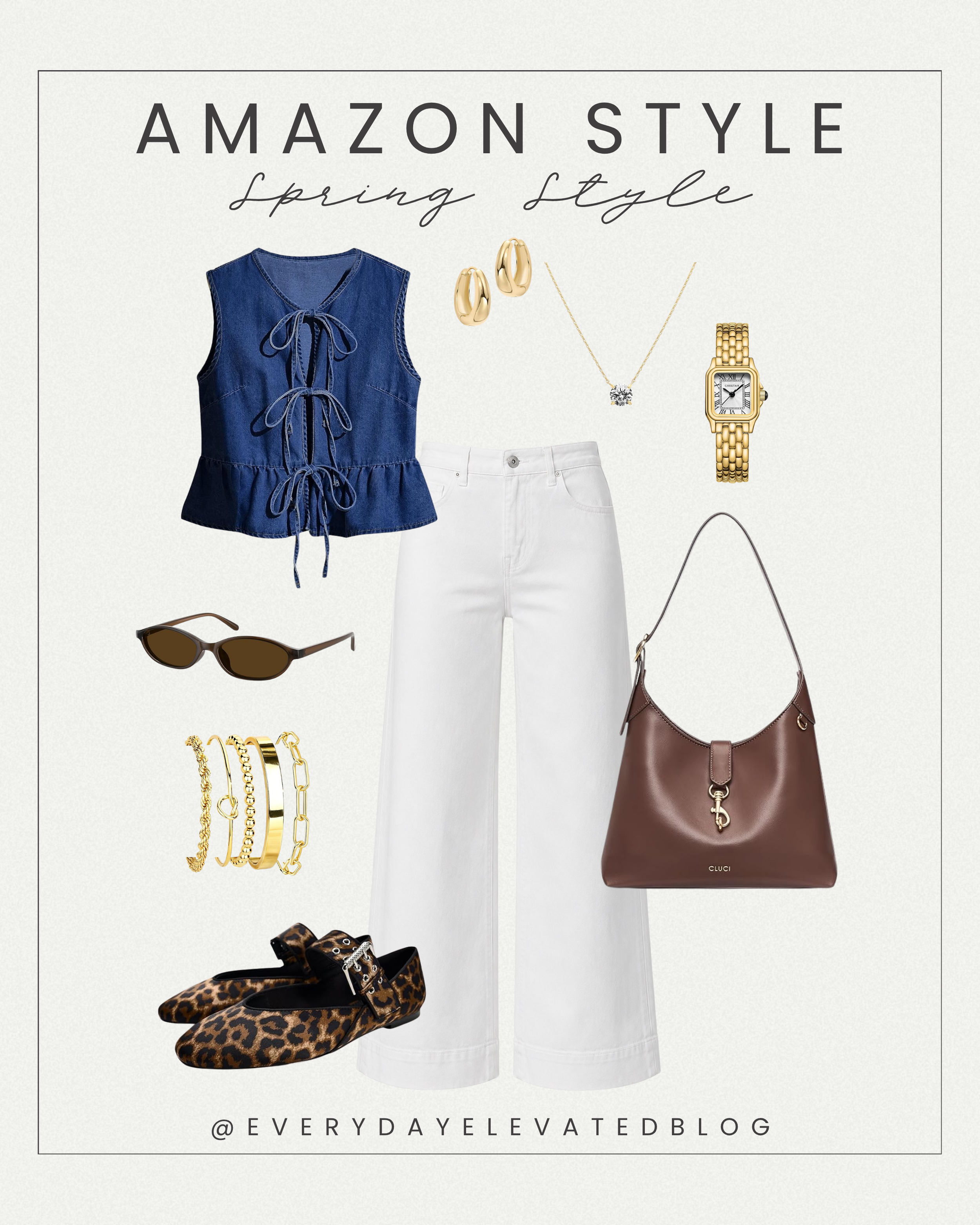 Casual spring outfit collage featuring a blue denim tie-front top, white wide leg jeans, leopard print Mary Jane flats, brown shoulder bag, gold jewelry, sunglasses, and gold watch styled with Amazon fashion accessories.