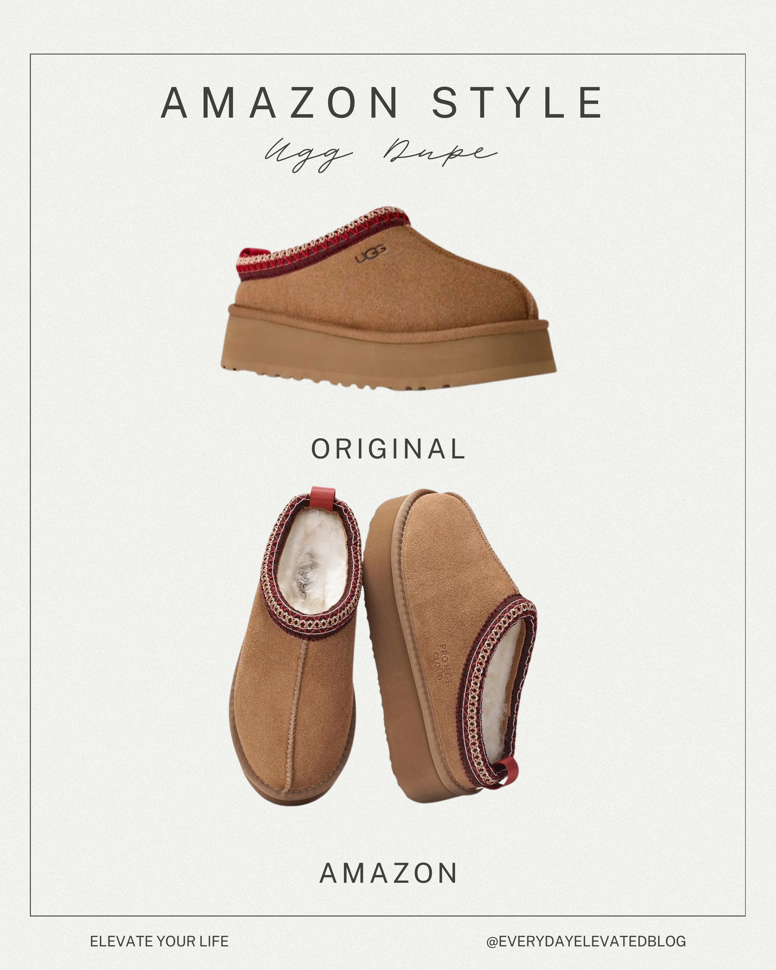 Amazon UGG Tazz II slipper dupe comparison showing original UGG platform slipper and affordable Amazon version with suede upper and cozy lining.