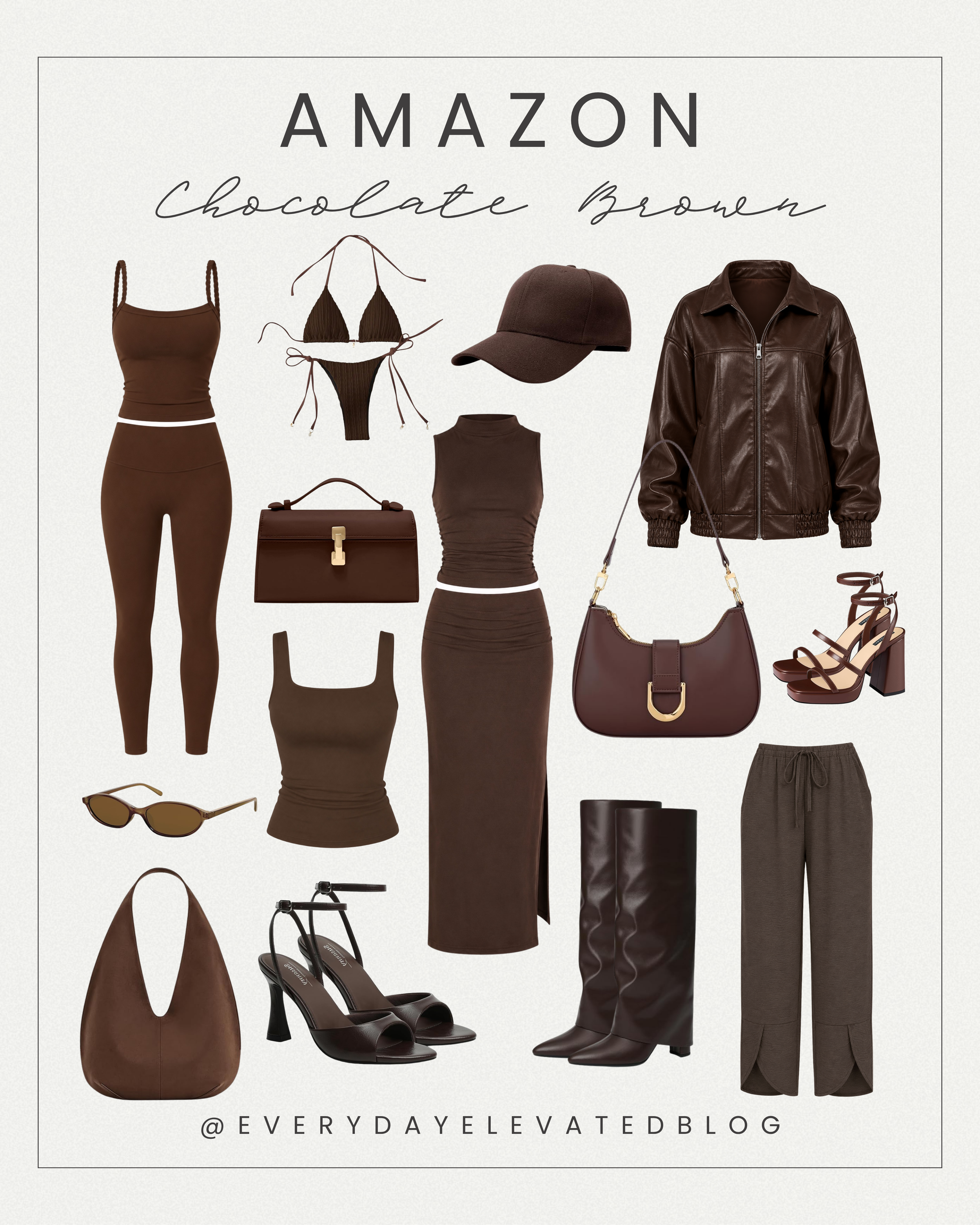 Curated collection of chocolate brown Amazon fashion finds featuring matching sets, a midi skirt set, faux leather jacket, handbags, boots, heels, sunglasses, loungewear, and accessories arranged on a clean neutral background.