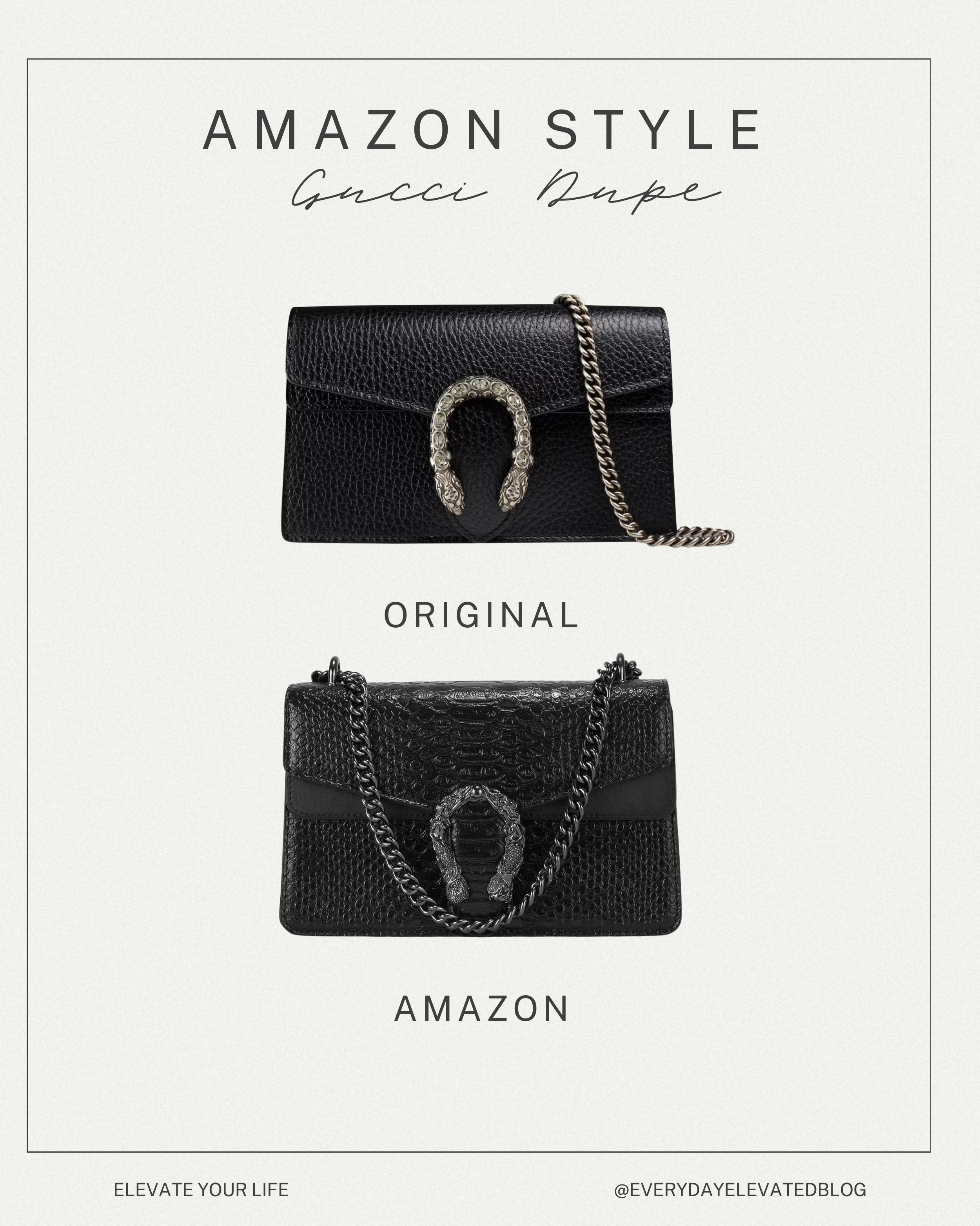 Amazon Gucci dupe purse in black textured leather with chain strap and statement horseshoe buckle compared to original designer bag