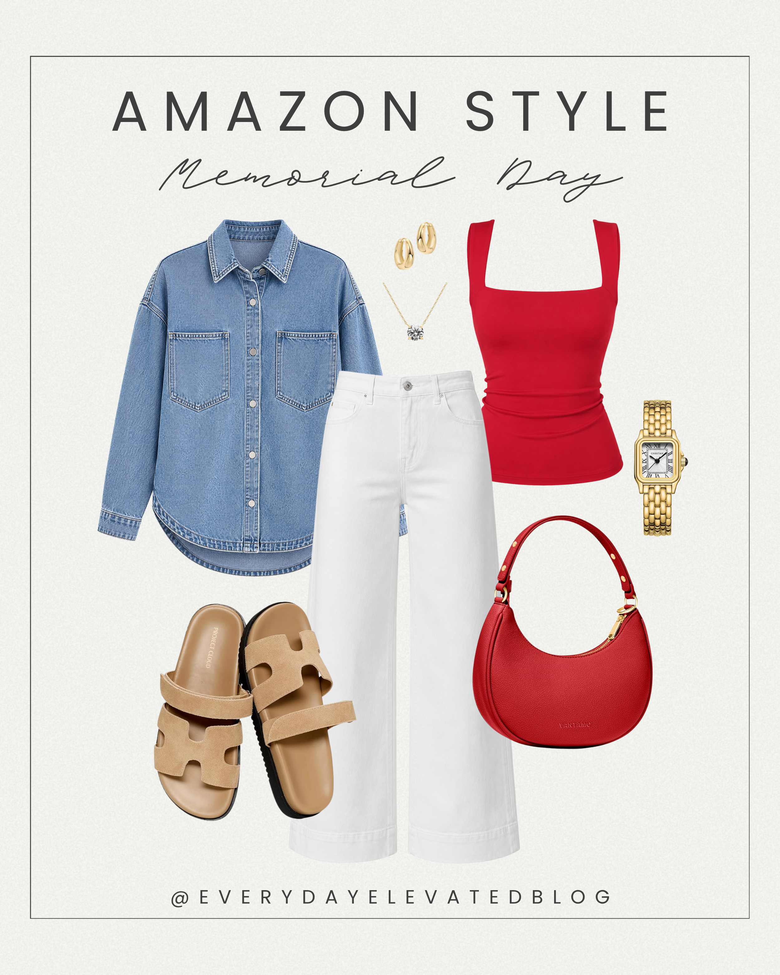 Memorial Day outfit collage featuring a red tank top, white wide leg jeans, oversized denim button-up shirt, neutral sandals, gold jewelry, and a red shoulder bag styled for a casual summer holiday look.
