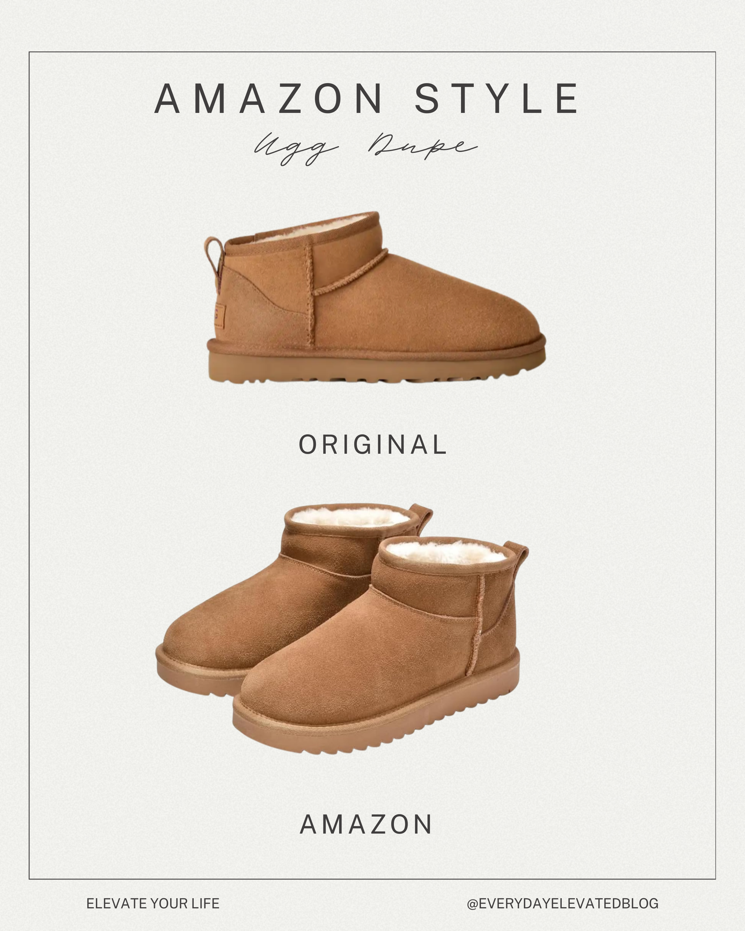 Amazon UGG mini boot dupe compared to the original UGG mini boots in chestnut shearling style, showing the Amazon version on top and the original below for a side-by-side comparison.