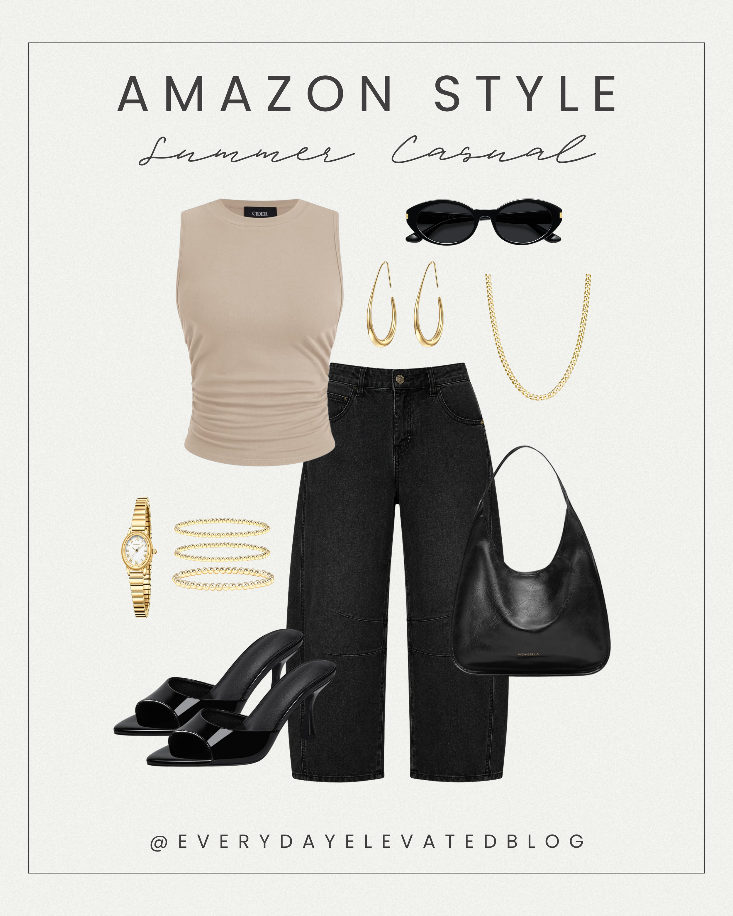Casual summer outfit collage featuring a neutral ruched sleeveless top, black barrel jeans, black heels, black shoulder bag, gold jewelry, and sunglasses.