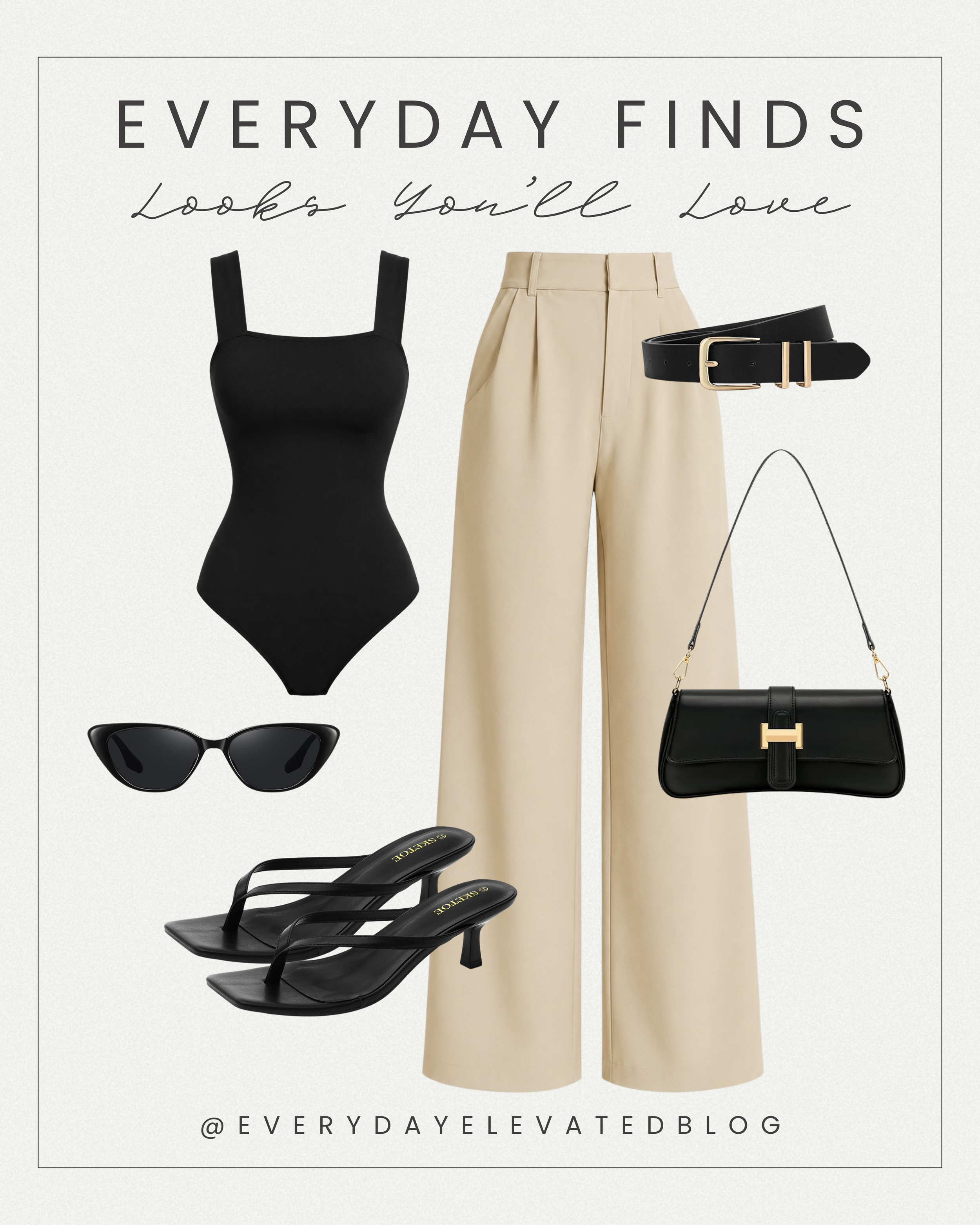 Flat lay featuring a black square-neck bodysuit, cream wide leg trousers, black belt with gold buckle, structured black shoulder bag, black kitten heel sandals, and black cat-eye sunglasses styled as a classy dinner outfit.