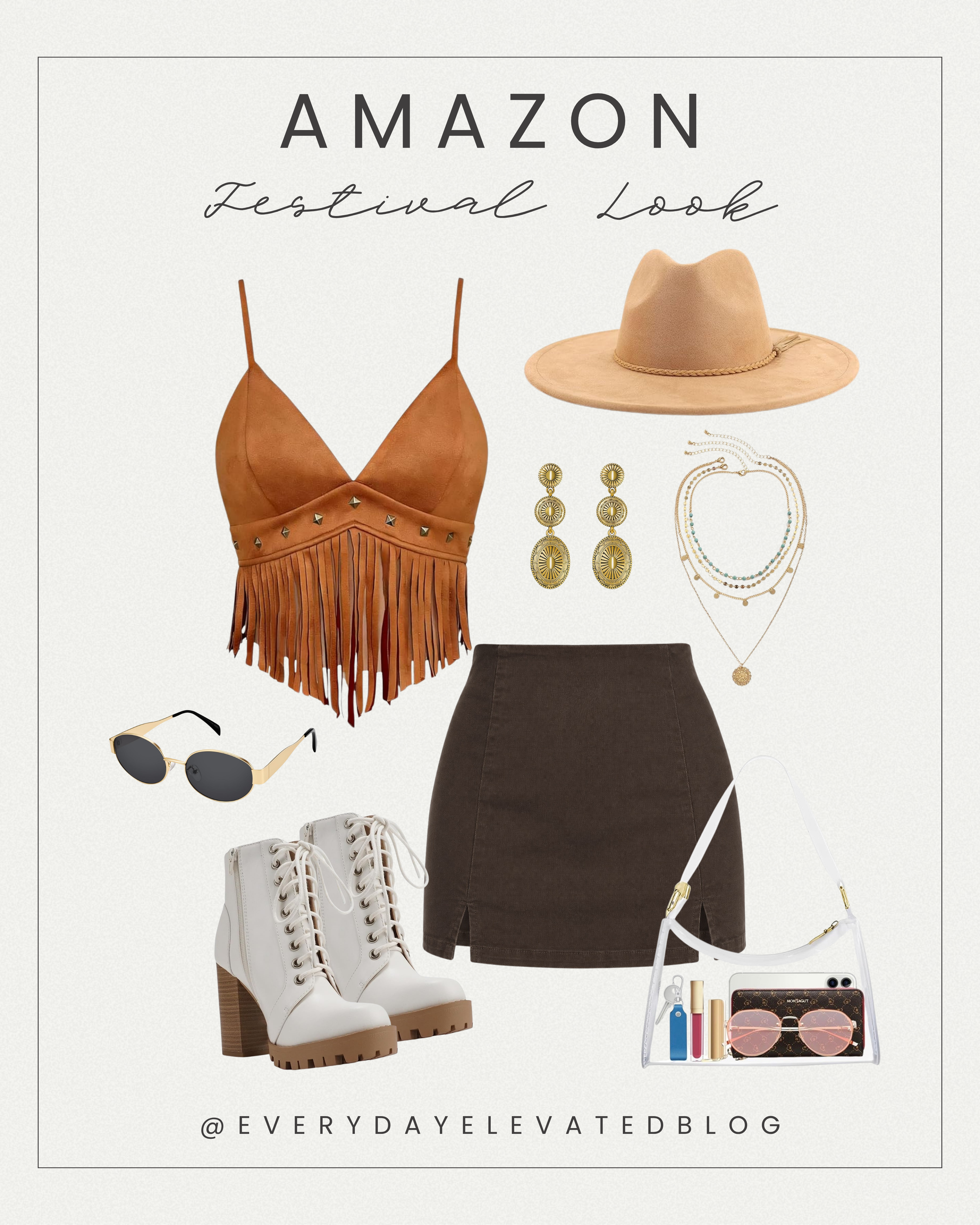 Warm neutral boho festival outfit flat lay featuring a brown fringe crop top, brown mini skirt, tan wide-brim hat, white lace-up boots, layered gold necklaces, sunglasses, and clear handbag for a stylish country concert outfit idea.