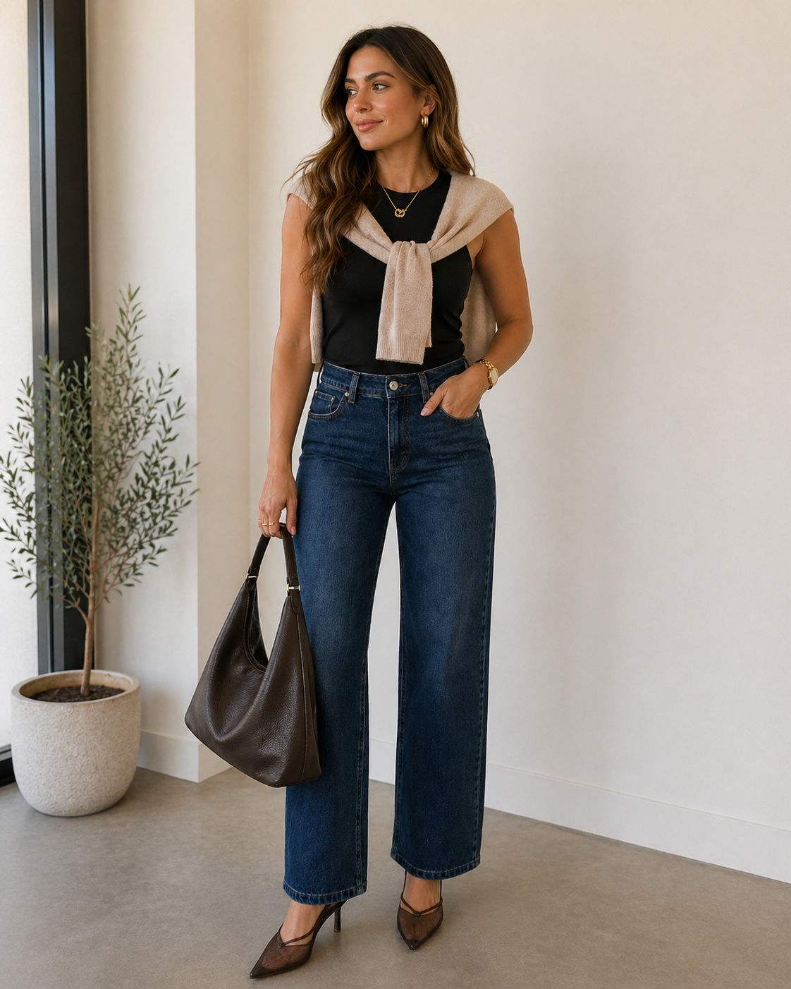 Woman wearing a casual elevated outfit with jeans, styled with a black fitted top, dark wash wide-leg jeans, mesh heels, and a neutral sweater in a clean indoor setting.