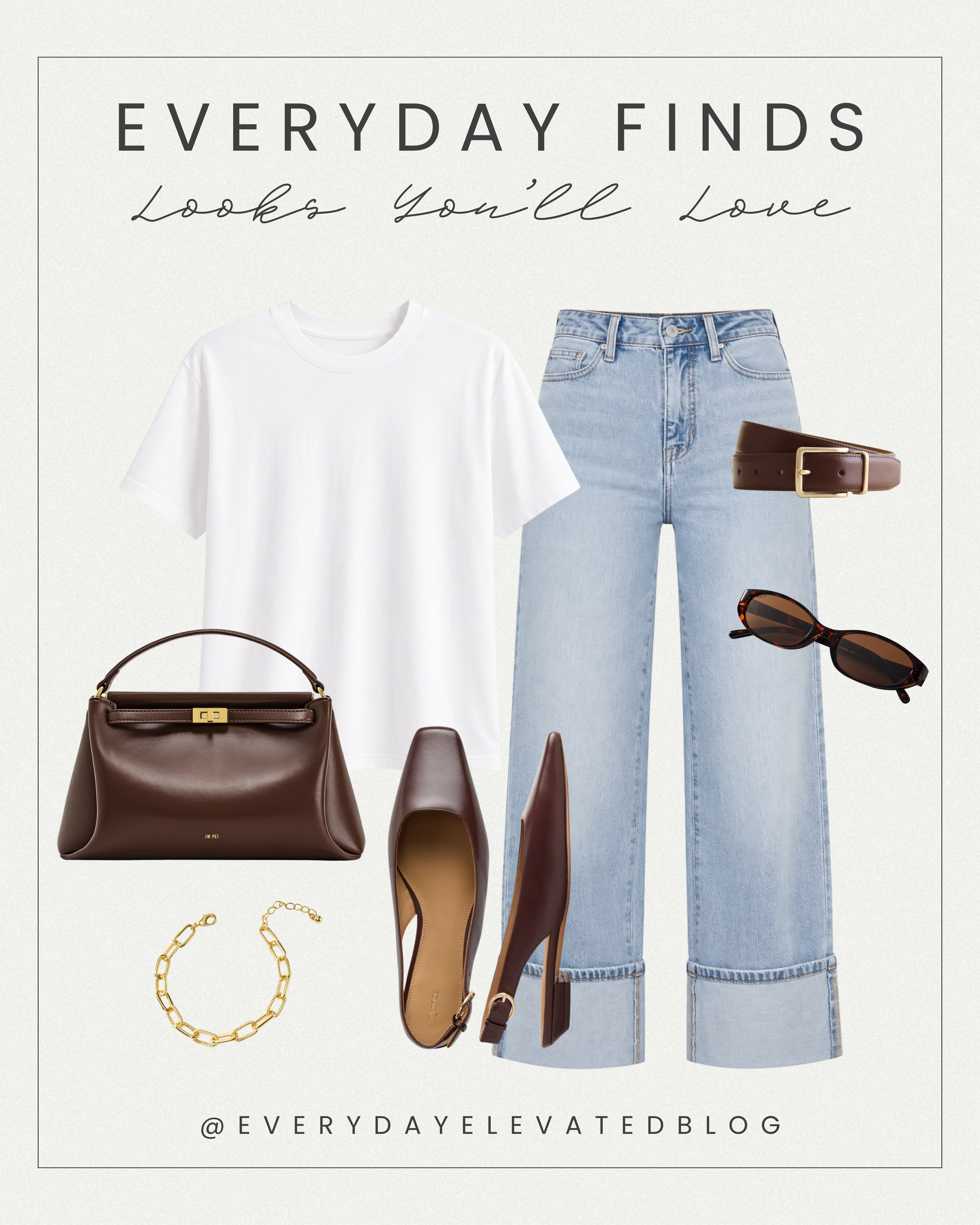 Casual outfit featuring a white T-shirt, light wash cuffed wide-leg jeans, brown belt, brown slingback flats, structured brown handbag, gold bracelet, and sunglasses.