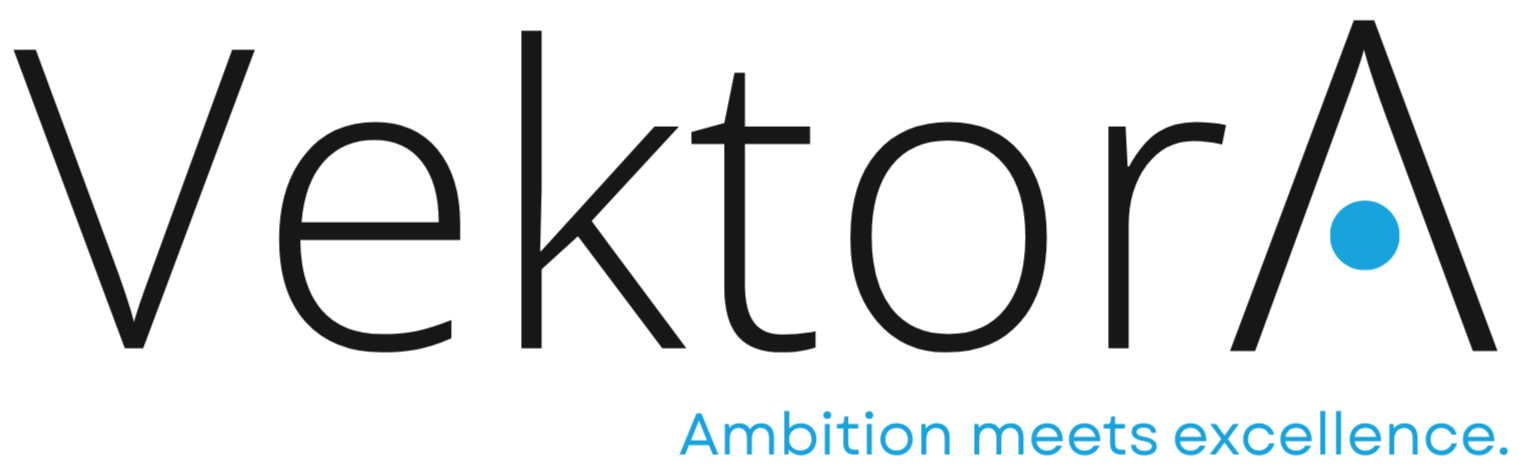 Vektora logo with a blue dot in the letter A and the tagline Ambition meets excellence. in blue, tailored for Go-to-market recruitment.