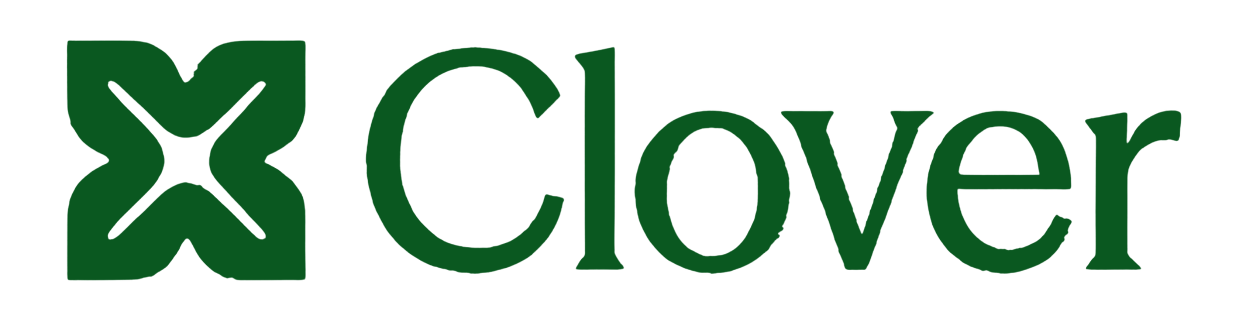 Clover logo in dark green with a stylized clover symbol to the left of the word 'Clover'.