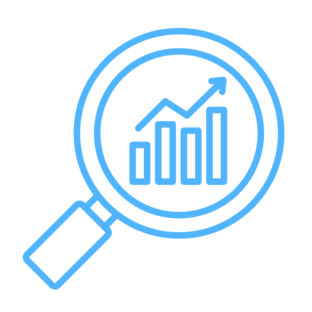 Blue magnifying glass icon focusing on a bar chart with an upward arrow, symbolizing data analysis or go-to-market recruitment growth.