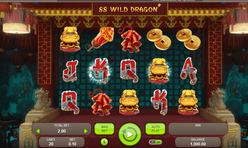 Schermo di una slot machines chiamata 88 Wild Dragon