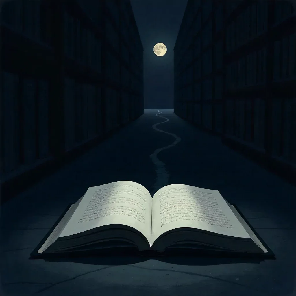 Una grande libreria illuminata dalla luce della luna piena, con un libro aperto sul pavimento e un sentiero che si snoda tra le mensole, creando un'atmosfera misteriosa e surreale.