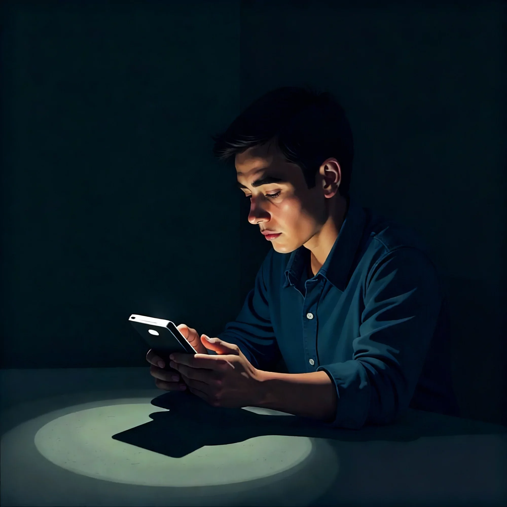 Donna con smartphone illuminata da una lampada in ambiente scuro, immagine simbolica della ricerca di aiuto