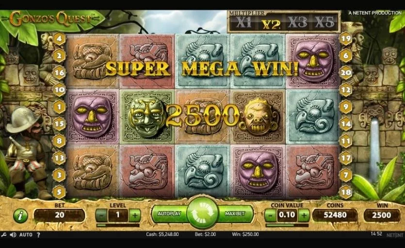 Schermo di una slot machines a tema Azteco chiamata Gonzos Quest