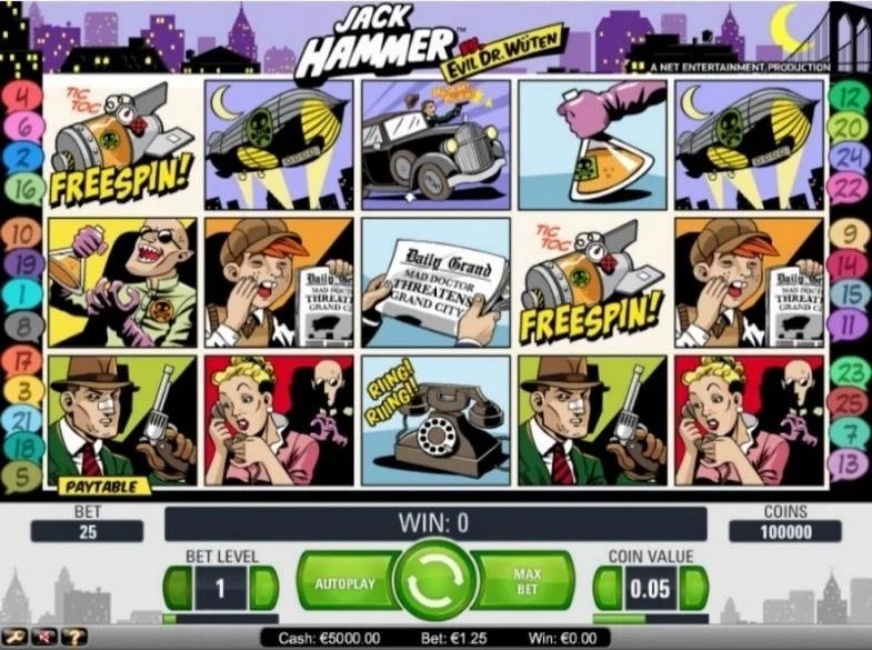 Schermo di una slot machines chiamata Jack Hammer