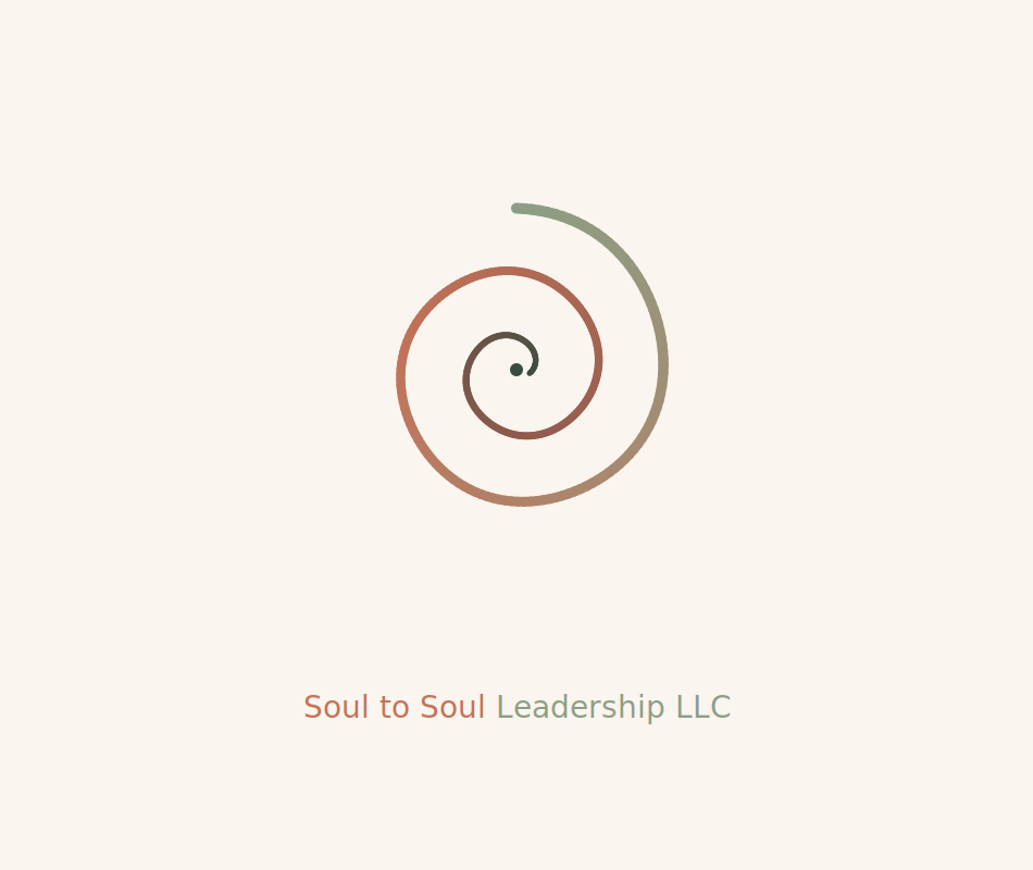 A minimalist logo with a spiral design in shades of brown and green, with the text "Soul to Soul Leadership LLC" below.