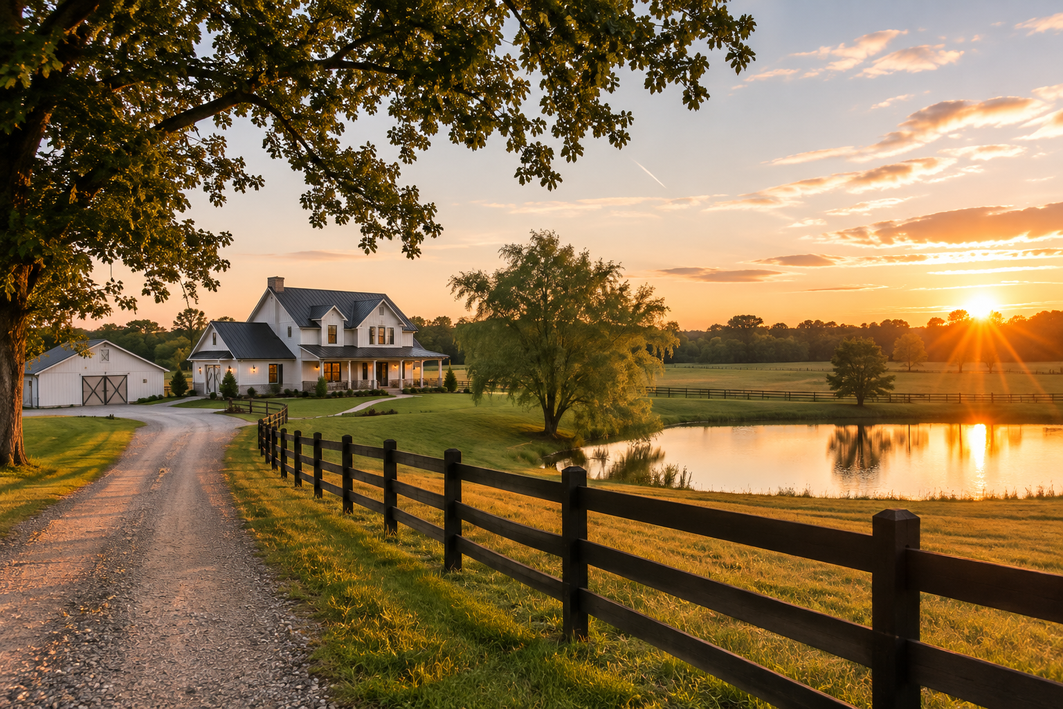 A scenic view of a farm with a white house, a pond, trees, and a sunset sky.