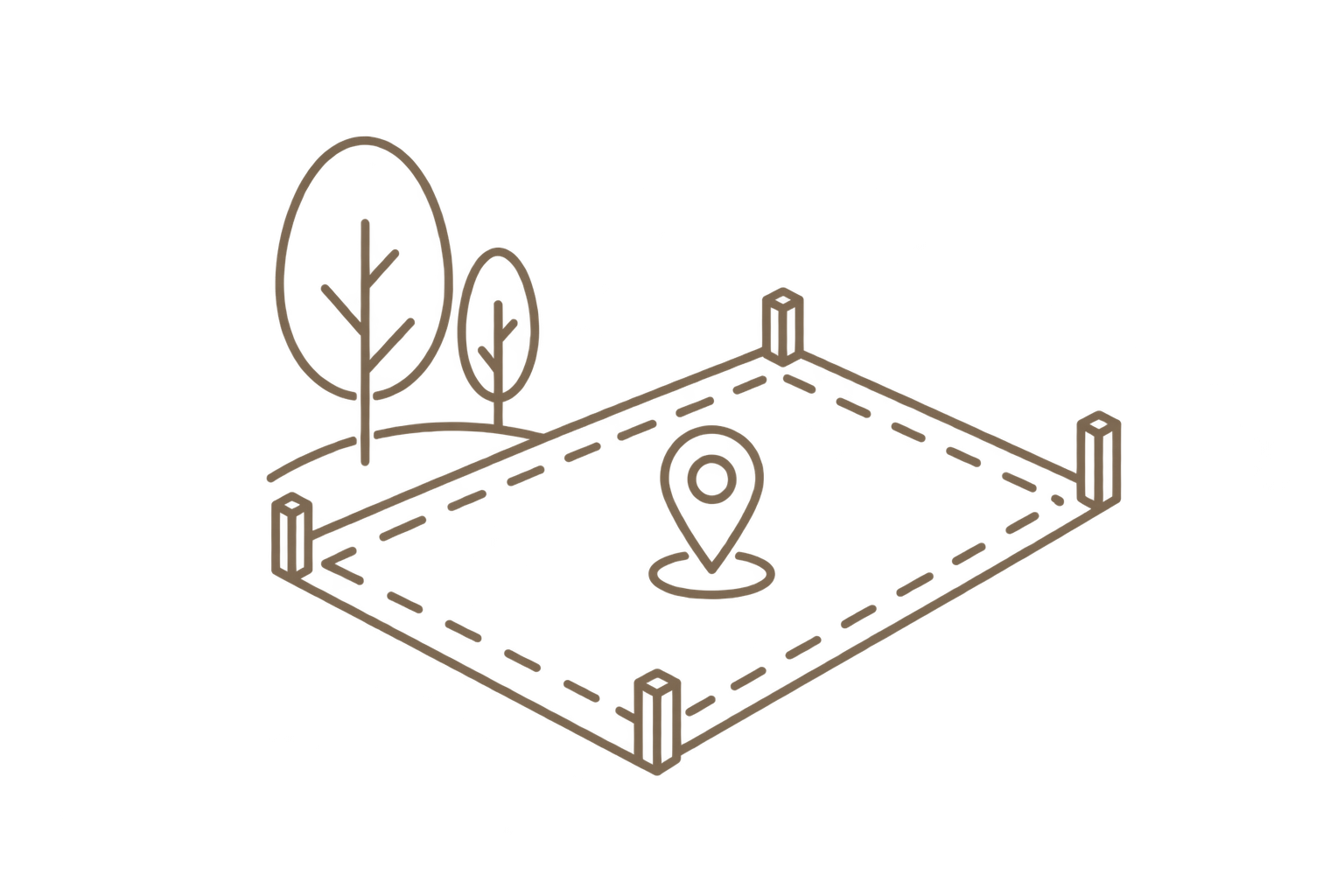 A simple illustration of a plot of land with dashed boundaries, containing two trees and a location marker.