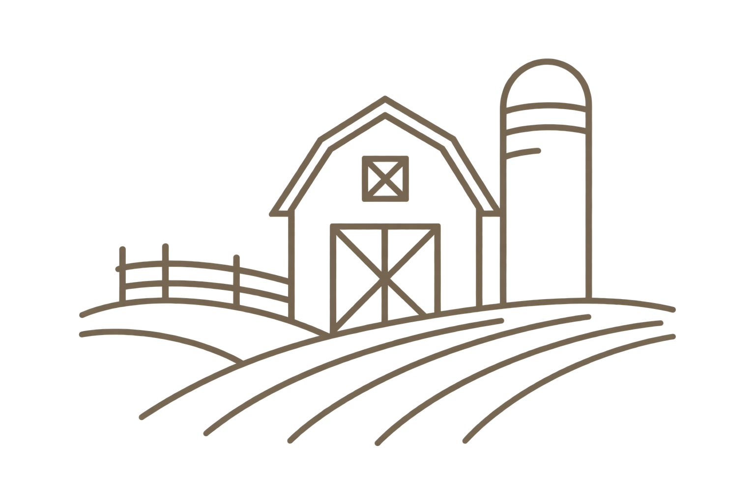A simple line drawing of a farmstead with a barn, silo, fencing, and fenced fields on rolling land.