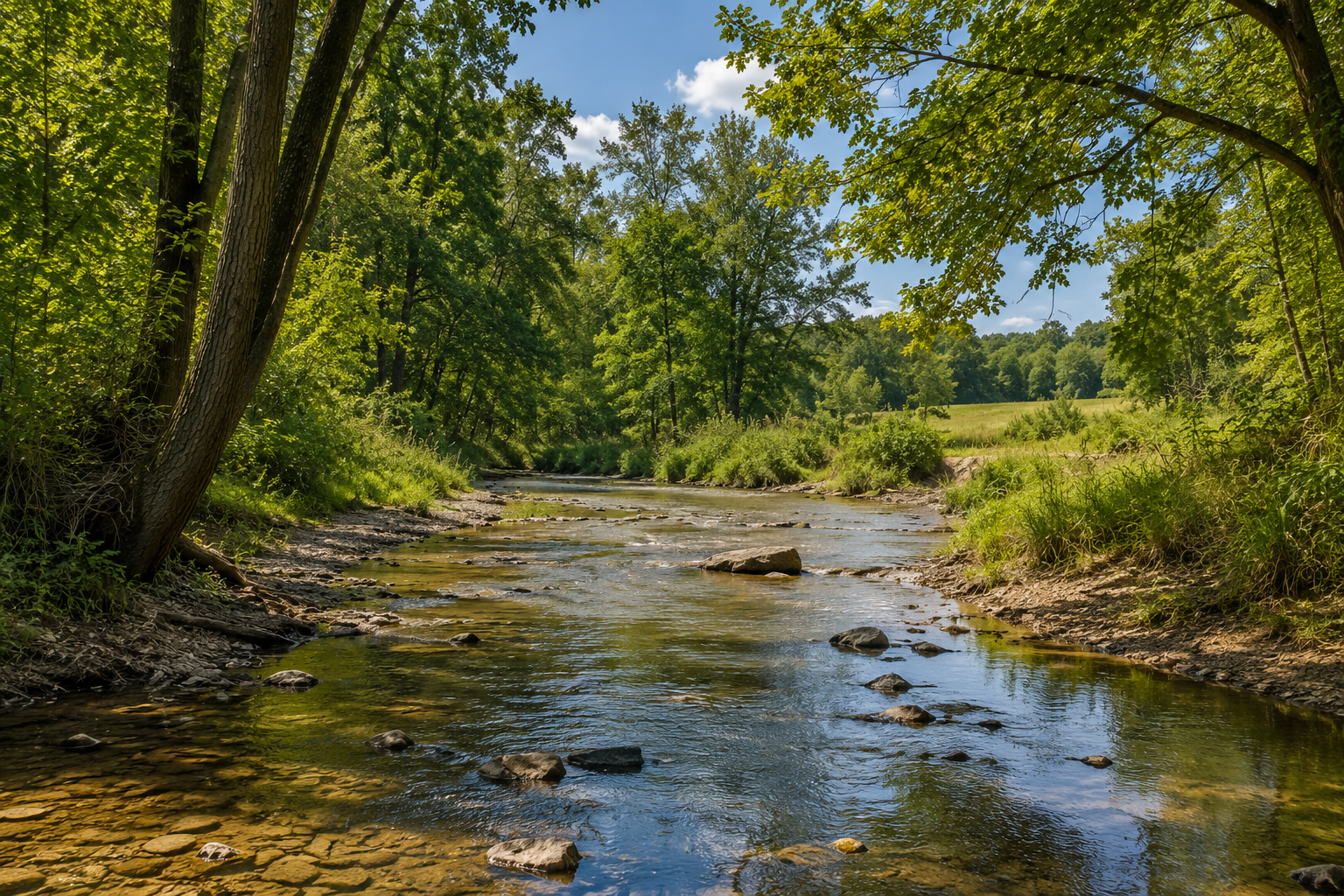 A peaceful river flowing through a lush green forest under a clear blue sky with some clouds.