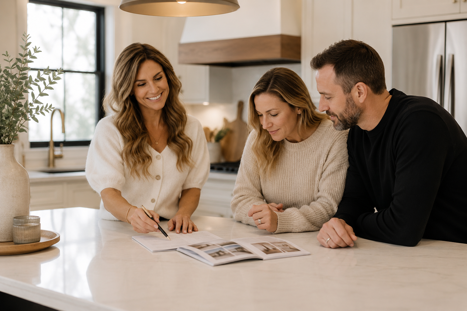 A woman showing a couple a photo album in a modern kitchen.