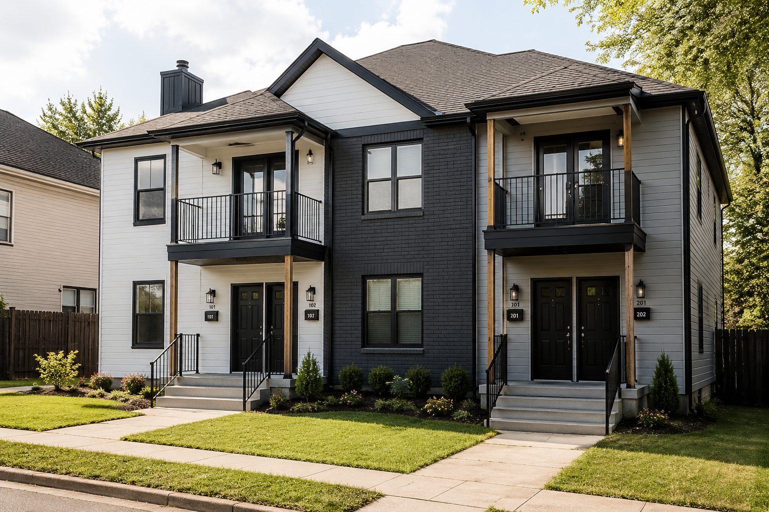 A modern duplex with two stories, featuring black and white exterior walls, small front porches with black railings, and green lawn with small shrubs and flowers.