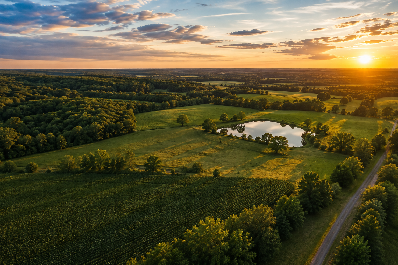 An aerial view of a rural landscape with a small lake, fields, trees, and a dirt road at sunset.