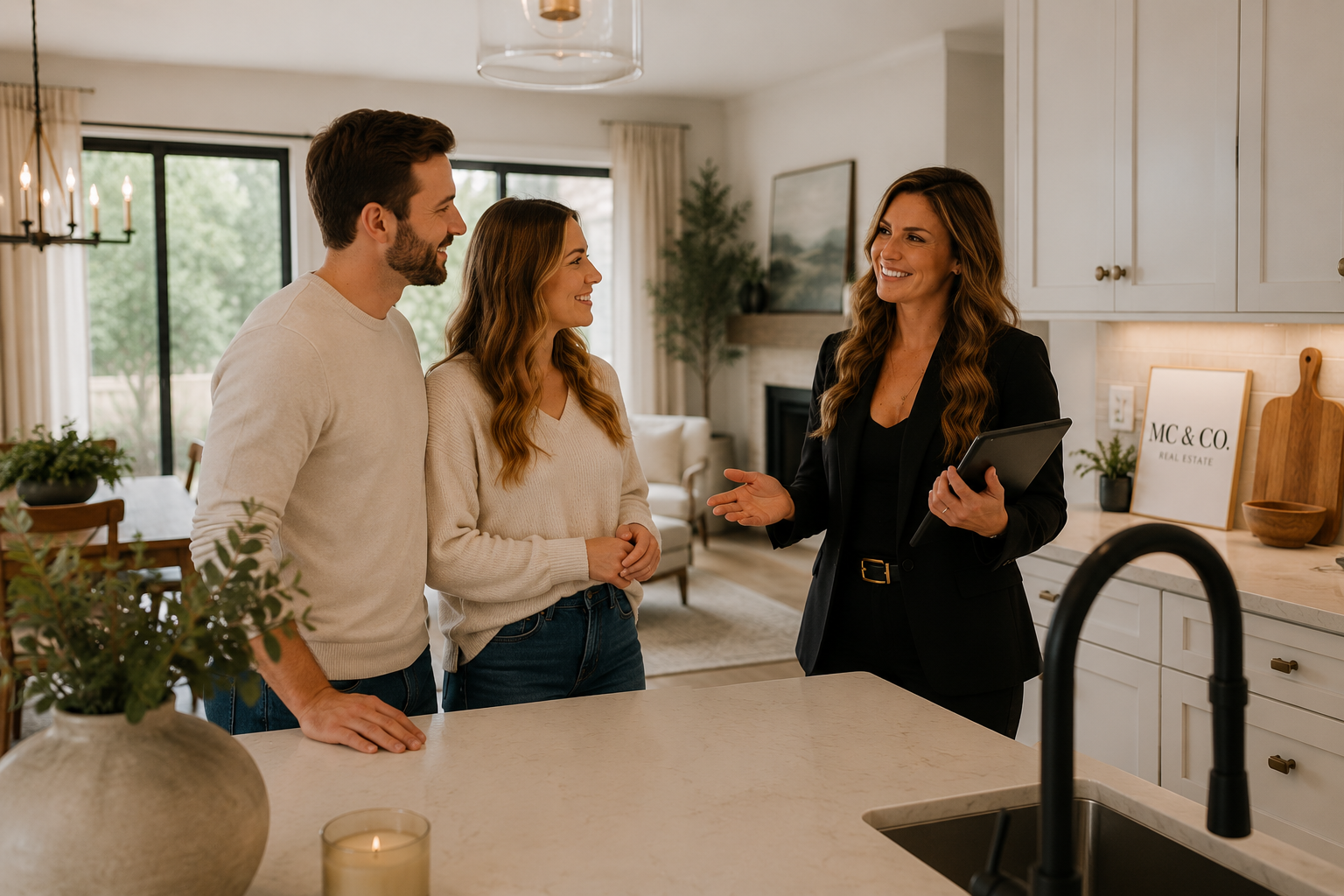 A real estate agent in a black blazer talking to a couple in a modern kitchen.