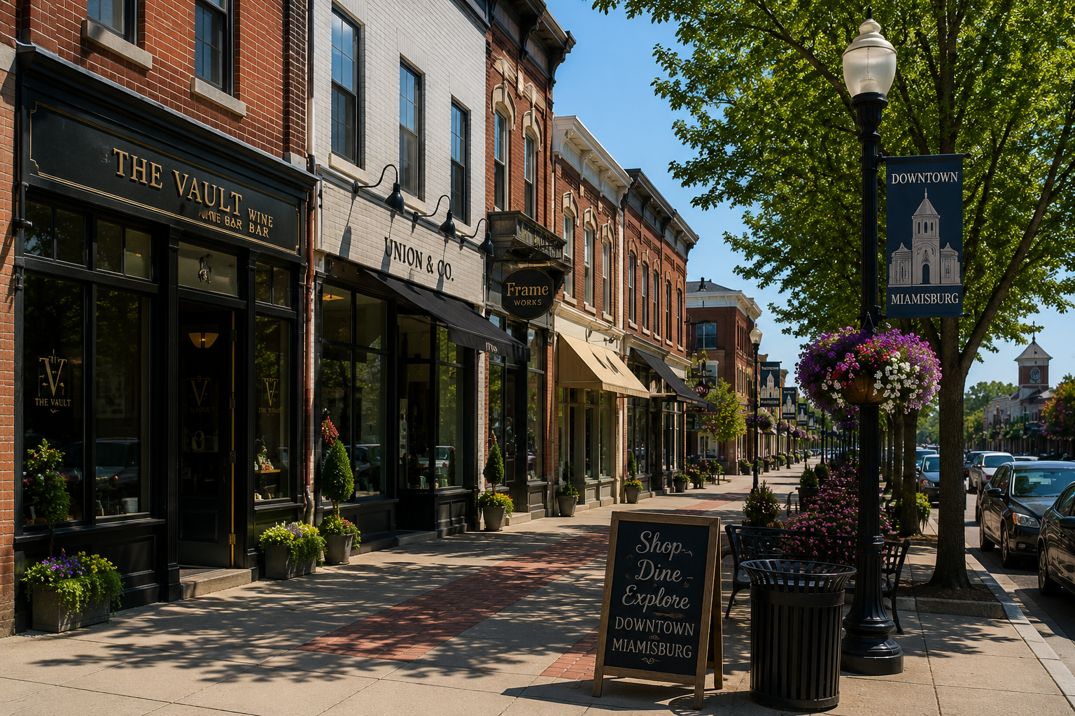 A downtown street scene with shops, decorative signs, and hanging flower baskets under a blue sky with green trees.