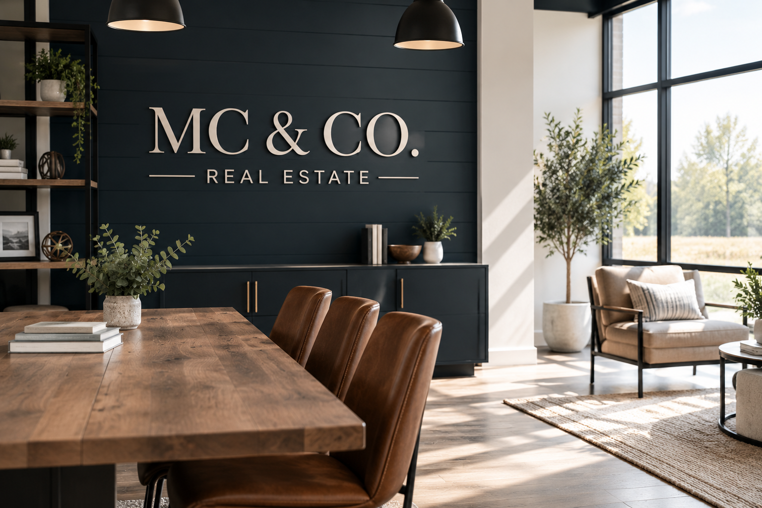 Modern office meeting room with wooden table, brown leather chairs, black cabinetry, decorative plants, shelving with books and ornaments, large window with outdoor scenery, and a sign on the dark wall reading 'MC & CO. Real Estate'.