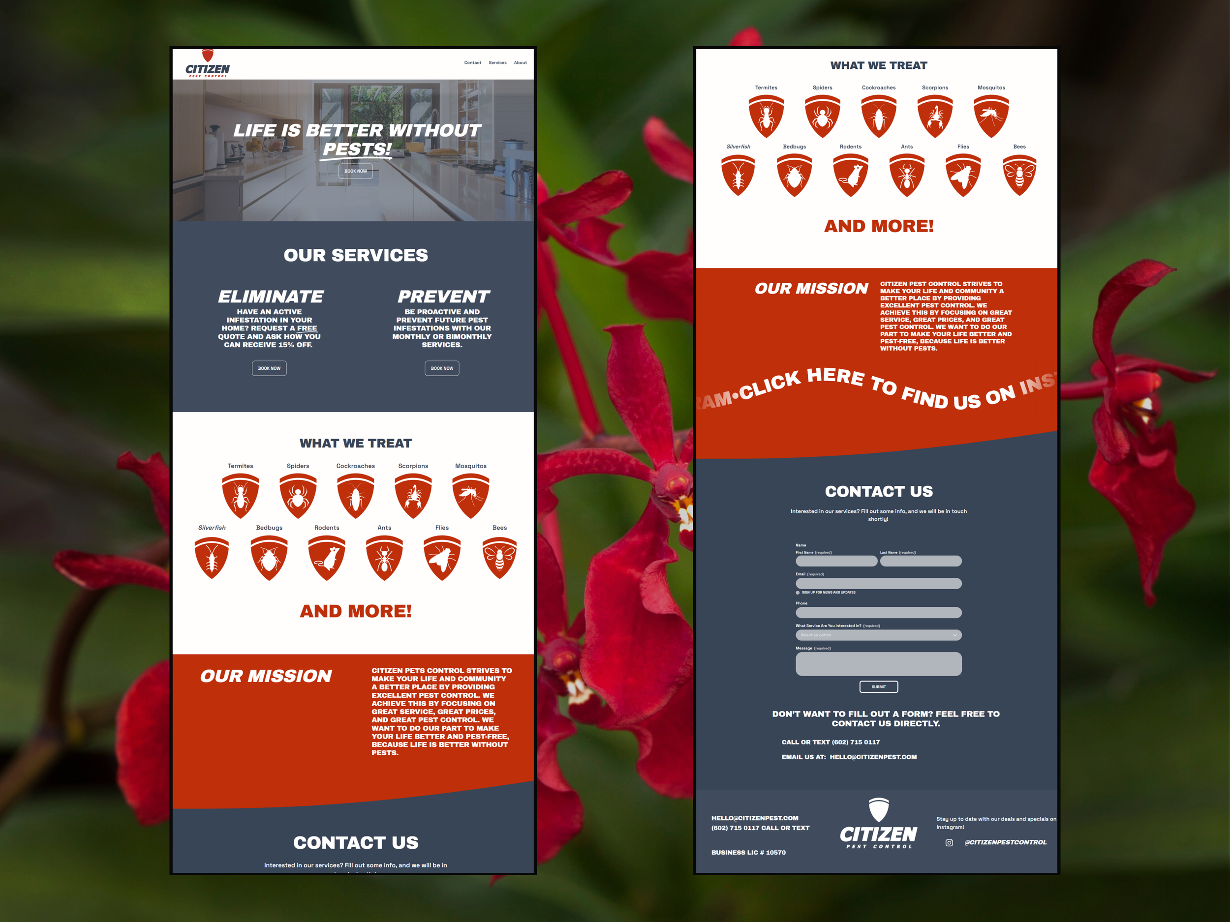 Two webpage designs for Citizen Pest Control, featuring company services, pest treatment options, mission statement, and contact form, set against a background of red flowers.