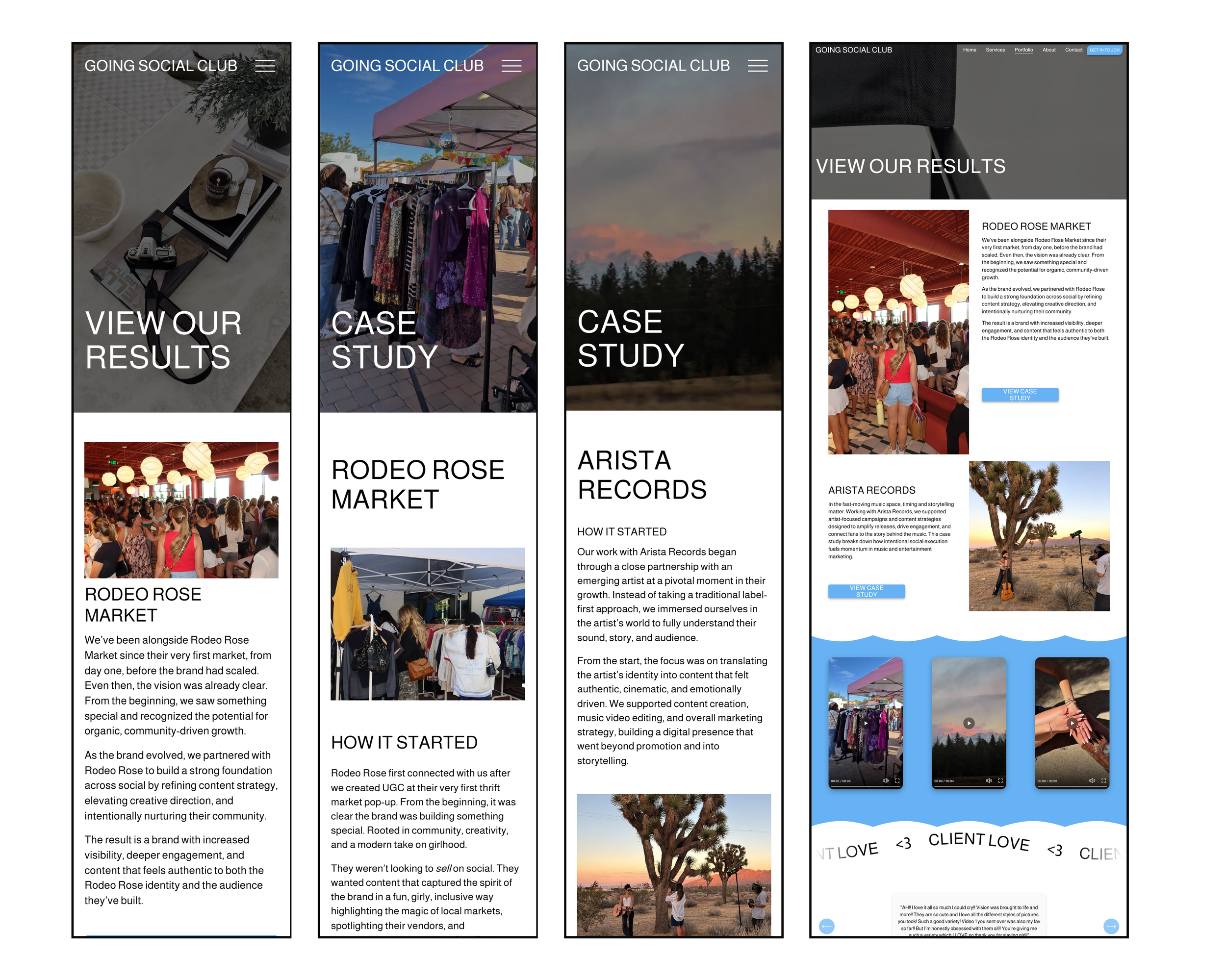 Screenshots of a website titled 'Going Social Club' showcasing case studies and results of events like Rodeo Rose Market, with images of markets, people, nature, and digital content.