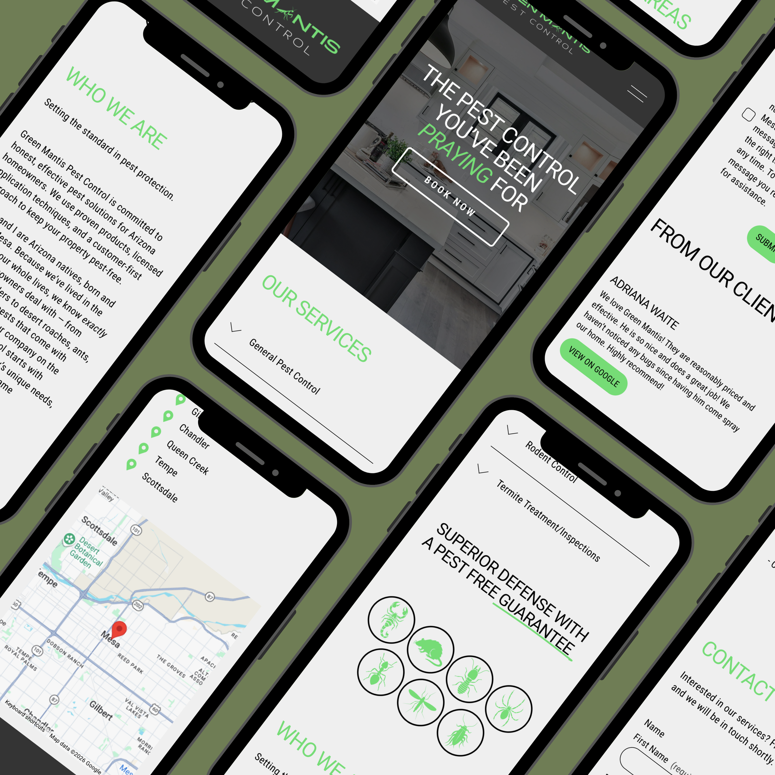 Multiple smartphones displaying pest control company website screens with text about services, client testimonials, service locations on a map, and pest control guarantees, arranged on a green background.