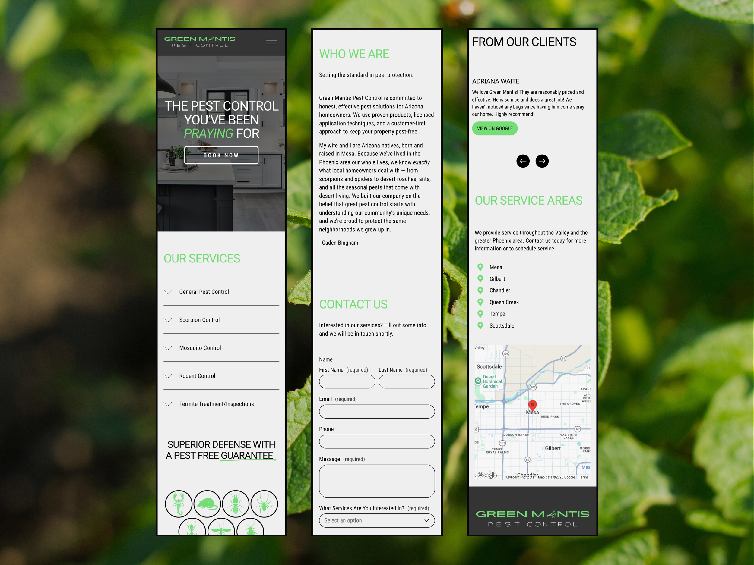 Mobile website for Green Mantis Pest Control featuring services like pest control, contact info, service areas, a map, and customer testimonials.