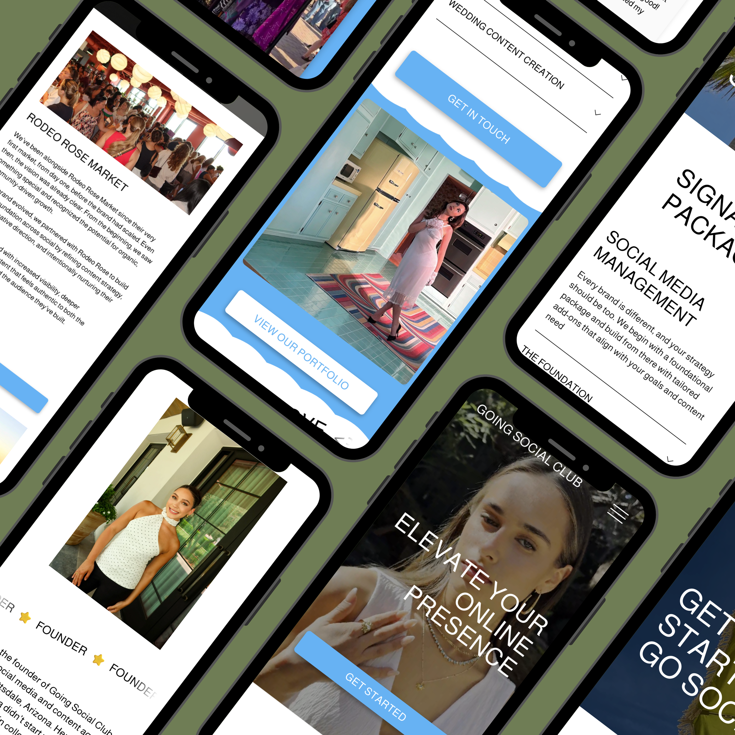 A collage of multiple smartphone screens showing various app interfaces. The screens include a wedding content creation page, a portfolio viewing page with a woman in front of a window, a social media management page with a woman outdoors, an about page for a social club, and a page about elevating online presence.