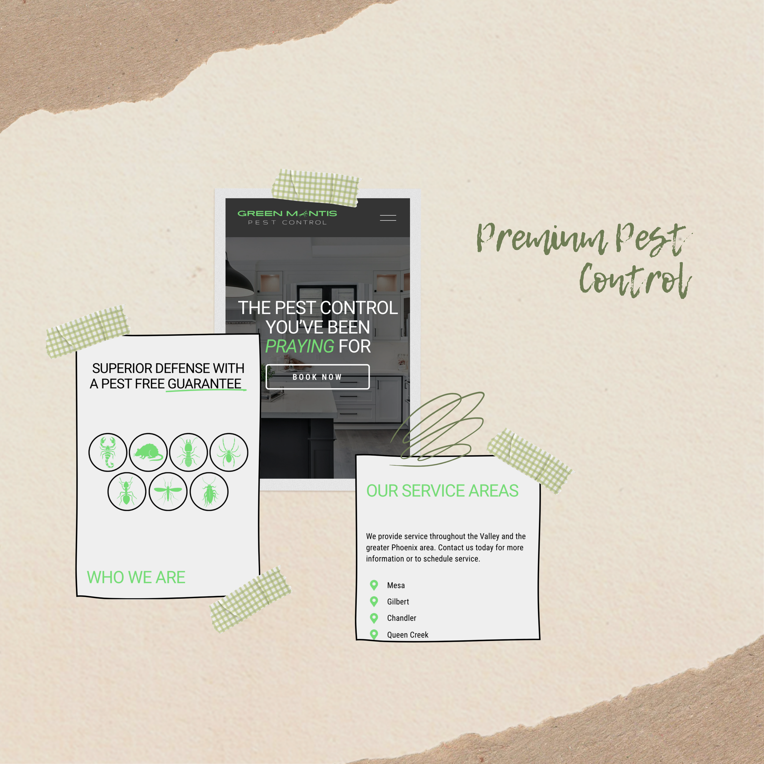 Social media graphic for Green Mantis Pest Control featuring a mobile website screenshot, illustrations of pests, and text promoting pest control services in the Valley and Phoenix area.