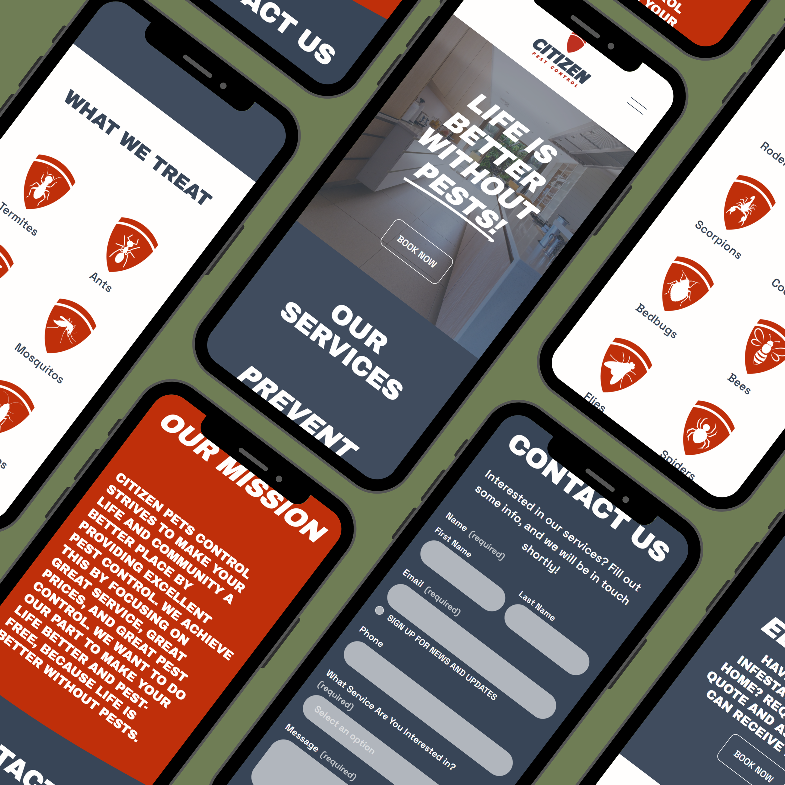 Collection of mobile screens showing a pest control company's website and services, including treatment options, contact form, and company mission statement.