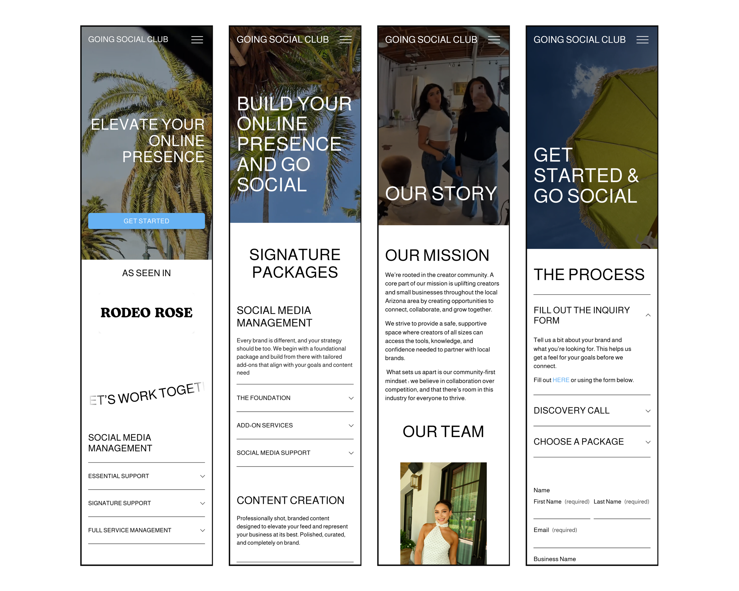 Screenshots of a website homepage for Going Social Club with sections about building online presence, social media management, our story, mission, team, and inquiry forms, featuring tropical and beach images.
