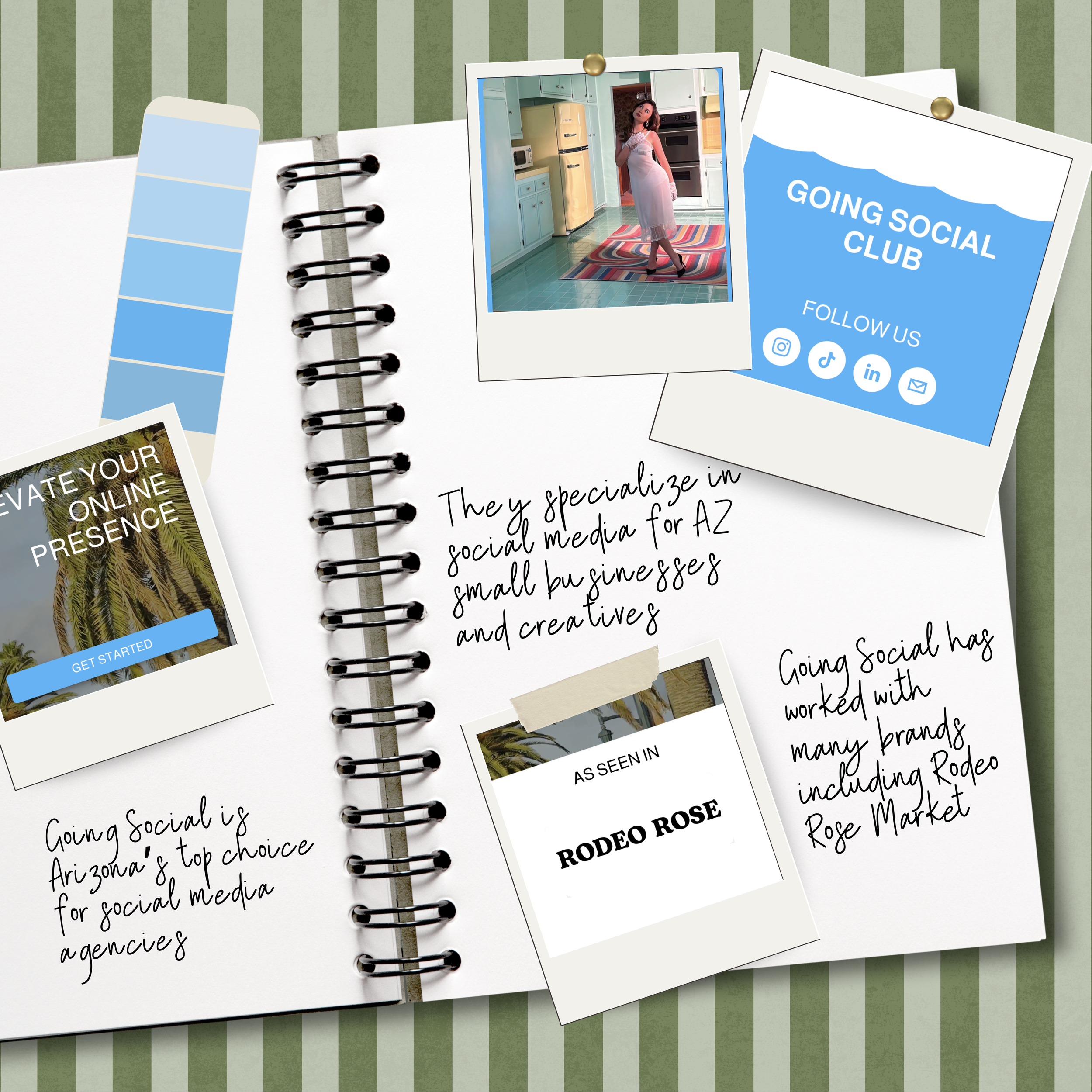 A notebook with handwritten notes about a social media agency, surrounded by Polaroid-style photos and a color swatch, on a green striped background.