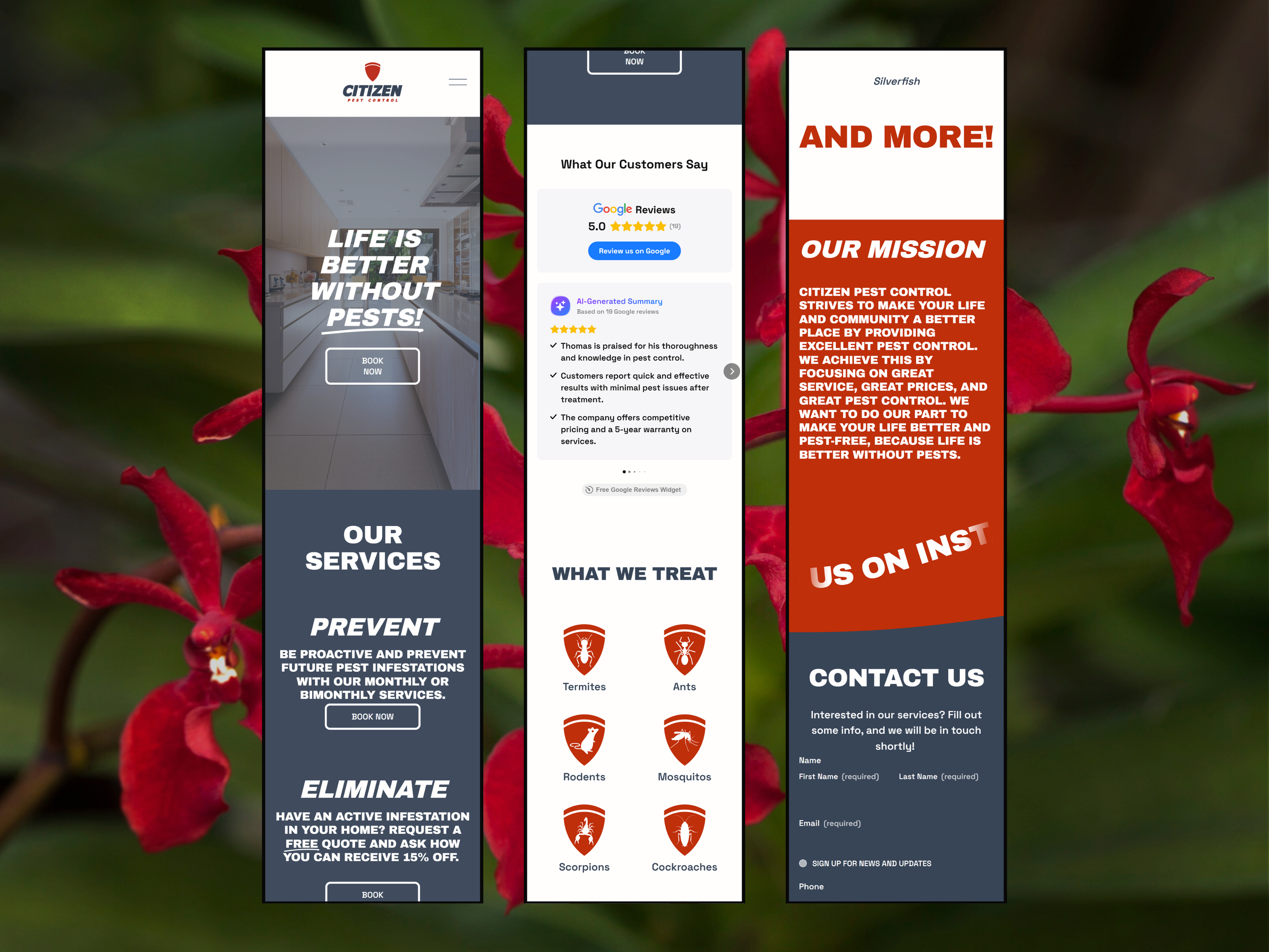 Three mobile screens showing a pest control company's website, with sections about services, customer reviews, pest types treated, and contact information, over a background of red flowers with green leaves.