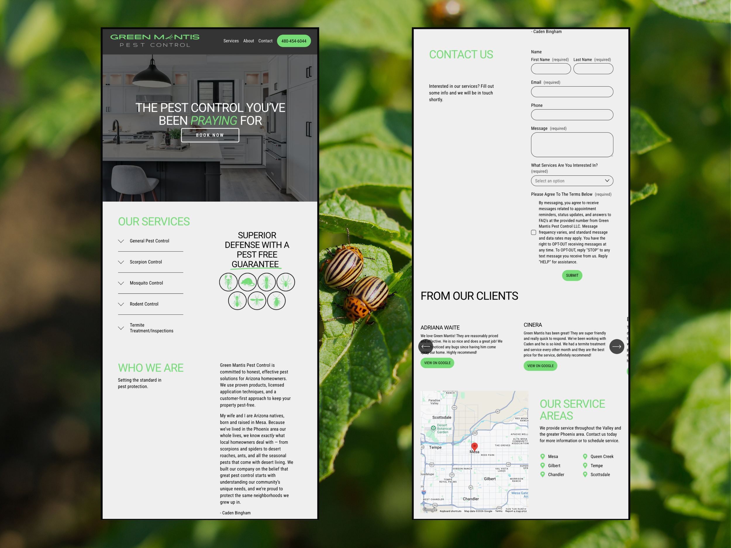 Screenshot of a pest control company's website displayed on a screen set against a blurred green leafy background. The website has sections for services, contact form, customer testimonials, and service areas.