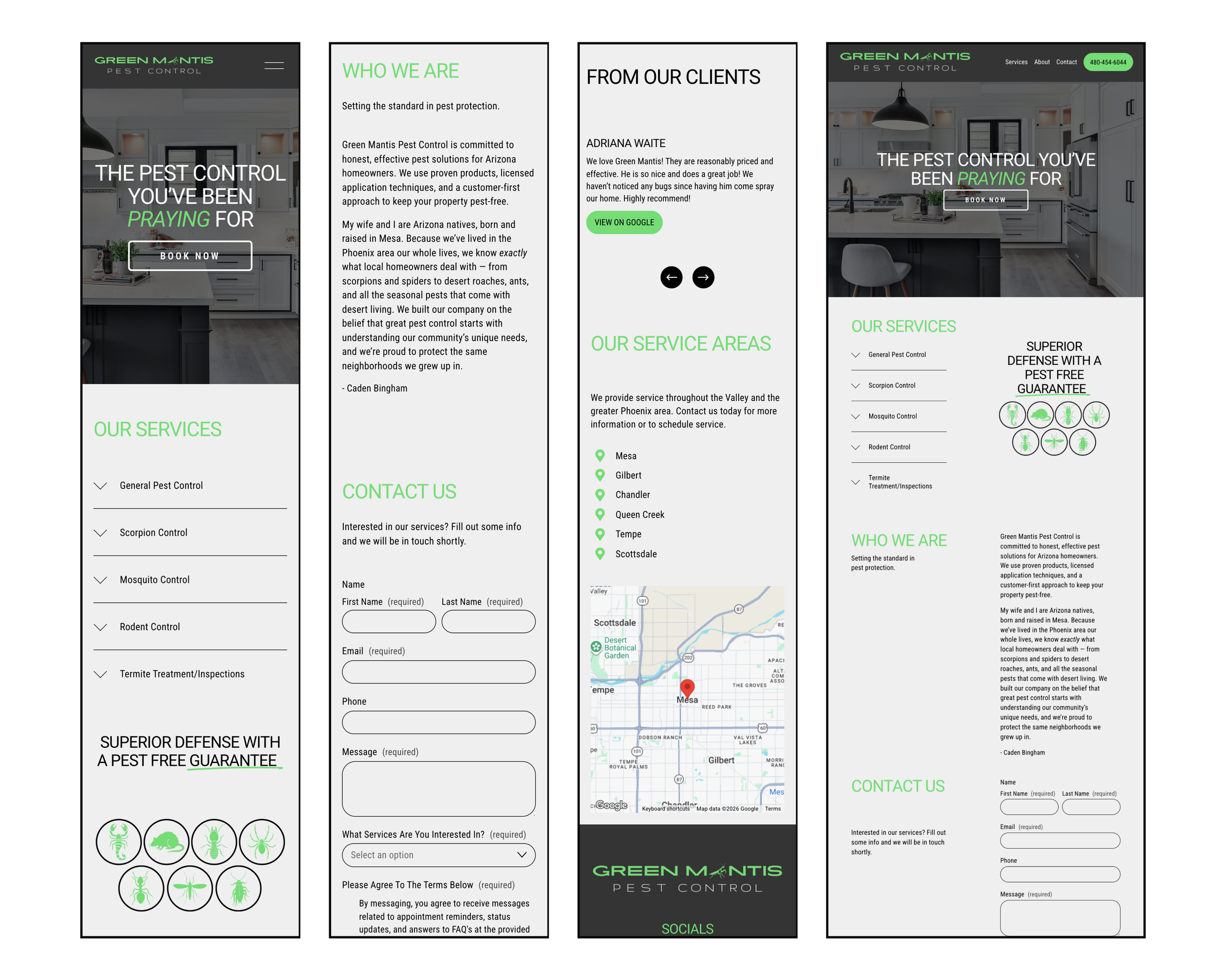 Screenshots of Green Mantis Pest Control website showing pest control services, contact forms, company information, and service areas. The pages feature a green, black, and white color scheme with images of a modern kitchen and pest icons.
