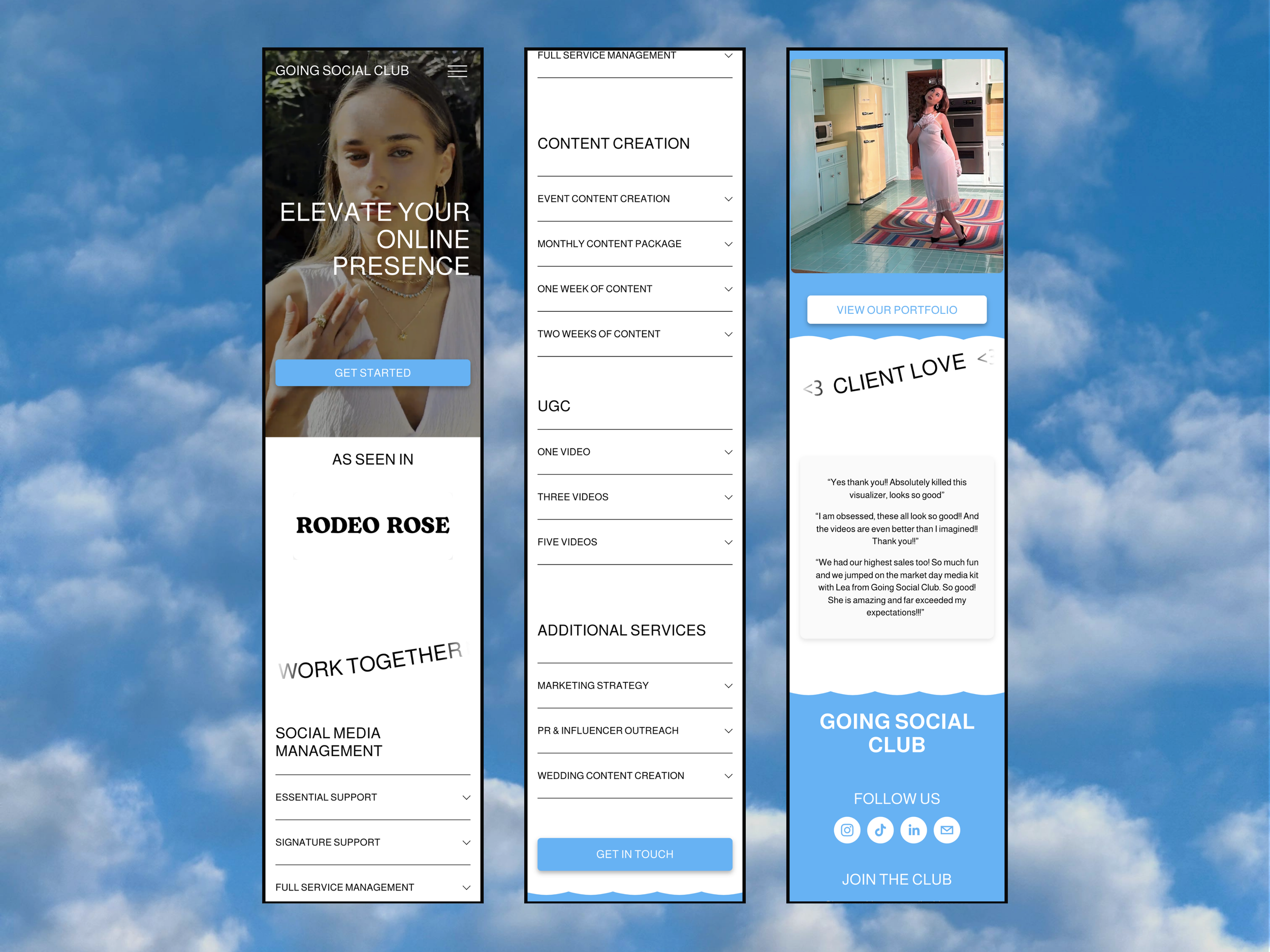 Three mobile screens displaying social media and portfolio content for Going Social Club, with a blue sky with clouds background.