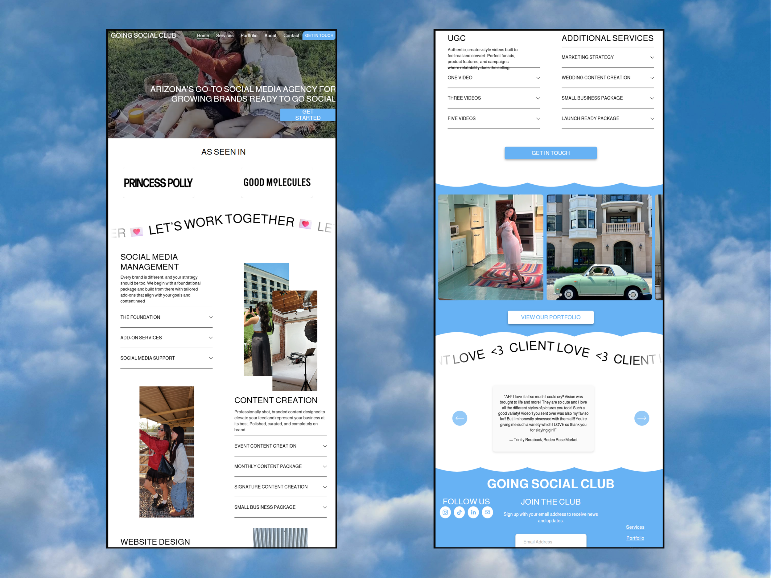 Screenshots of a social media agency's website showing the homepage and portfolio page. The homepage features a header with a photo of people having a picnic, navigation menu, a call-to-action button, client logos, service sections, and images. The portfolio page displays project photos, a client testimonial, and a footer with social media icons and newsletter signup.