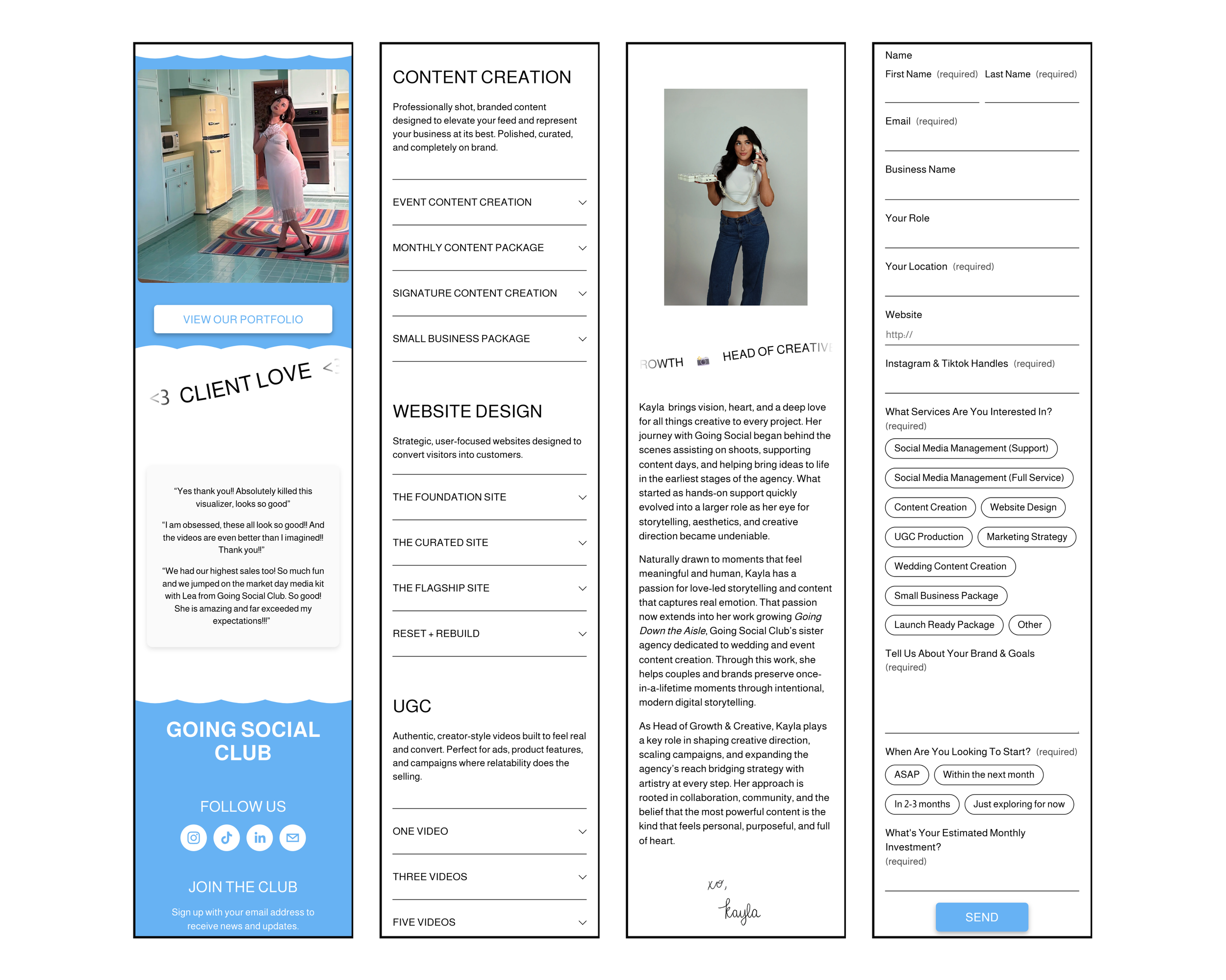 A multi-panel website design layout for a social media marketing agency with sections for portfolio, content creation, website design, client testimonials, and contact form