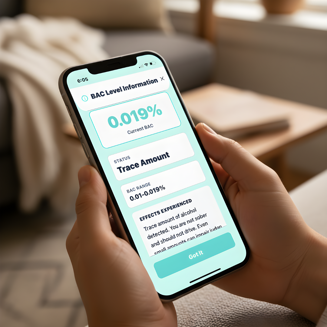A person holding a smartphone displaying an estimated BAC level app feature for Siply: Sip Smarter showing a current BAC of 0.019%.