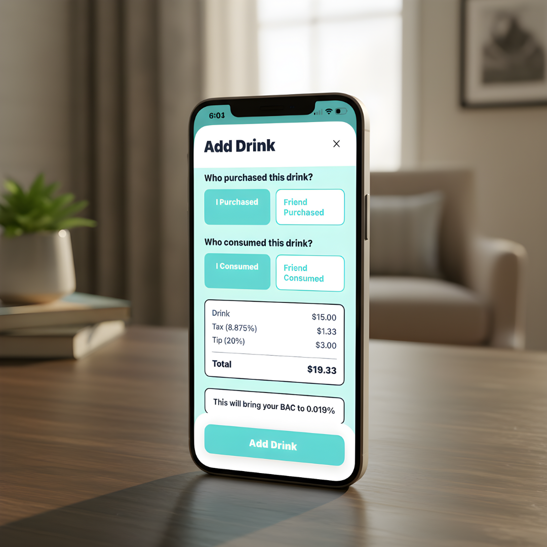 Mobile phone displaying the Siply: Sip Smarter drink purchase tab screen with options to record who purchased and who consumed the drink, on a wooden table in a cozy living room.