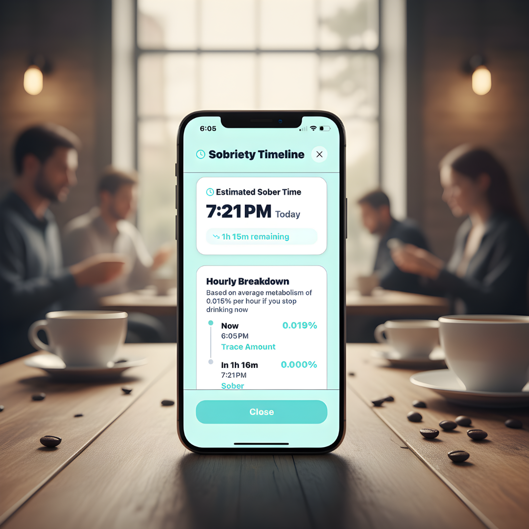 Smartphone displaying sobriety tracking app, Siply: Sip Smarter in a meeting room with four people sitting at a table.