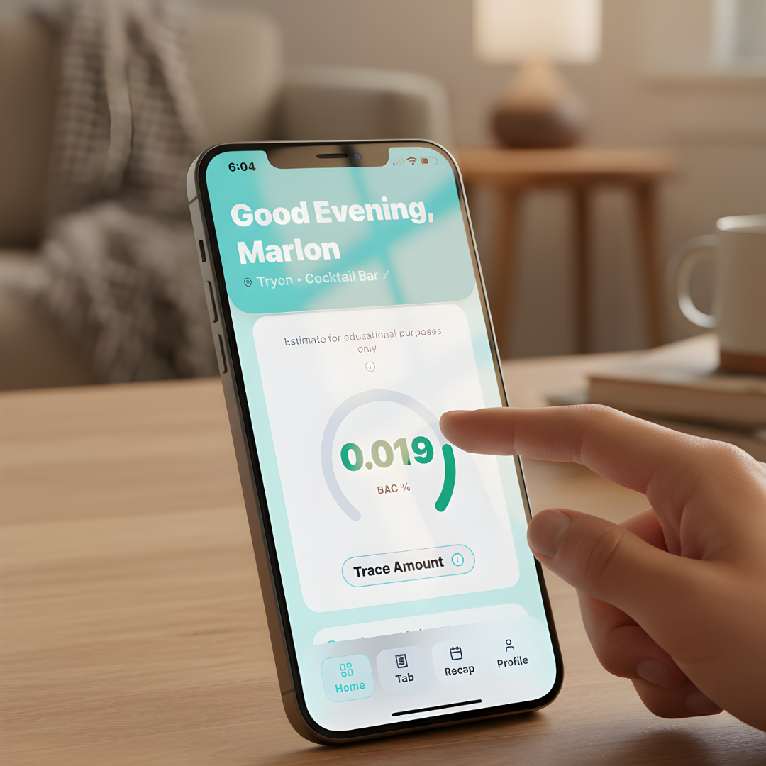 Close-up of a smartphone screen displaying a screenshot of Siply: Sip Smarter BAC level of 0.019, with a finger pointing at the screen. 