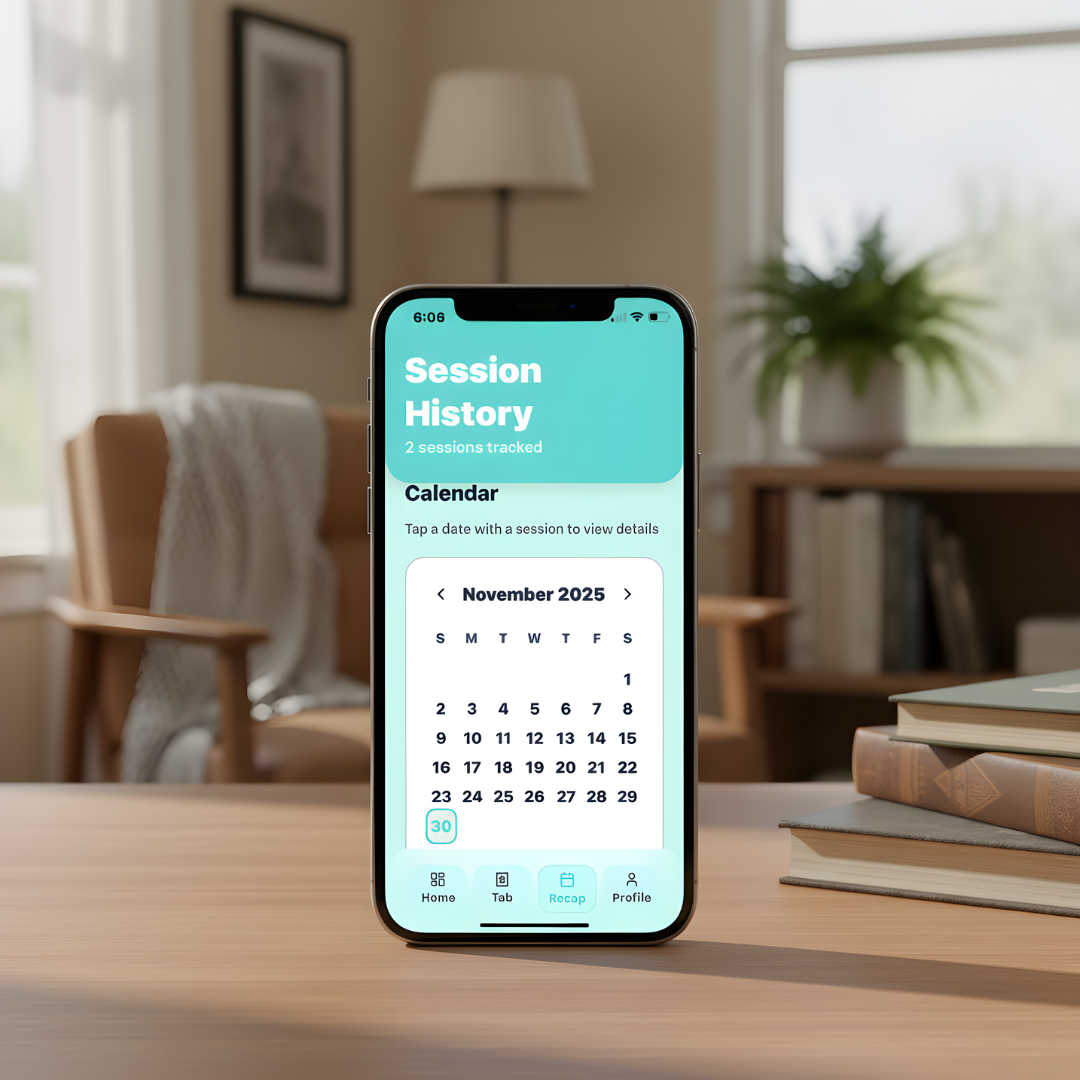 Smartphone displaying a calendar recap feature for the app Siply: Sip Smarter with session history for November 2025, showing two tracked sessions, 